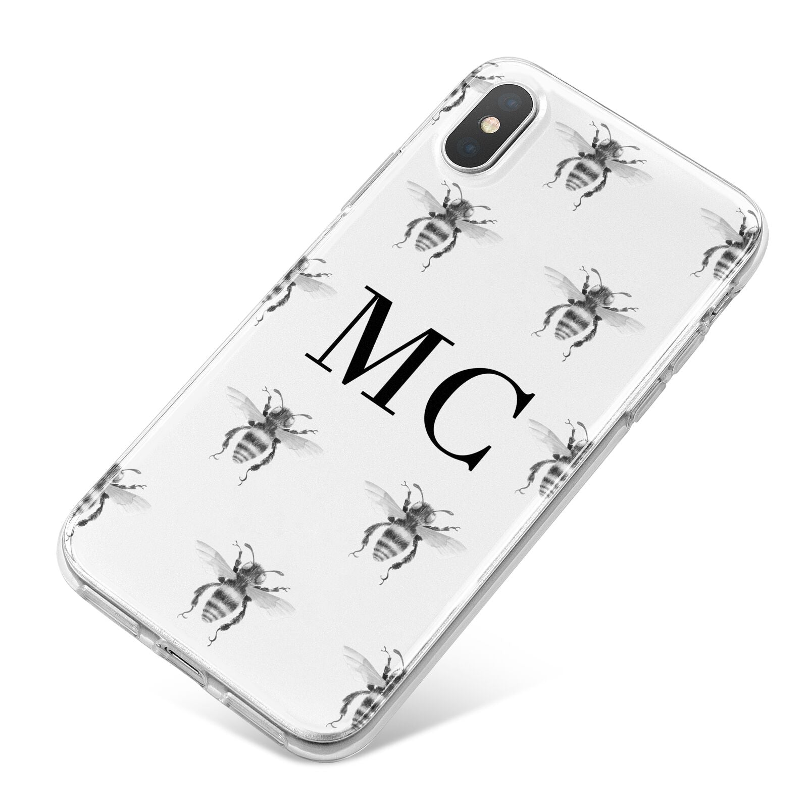 Monochrome Bees with Monogram iPhone X Bumper Case on Silver iPhone