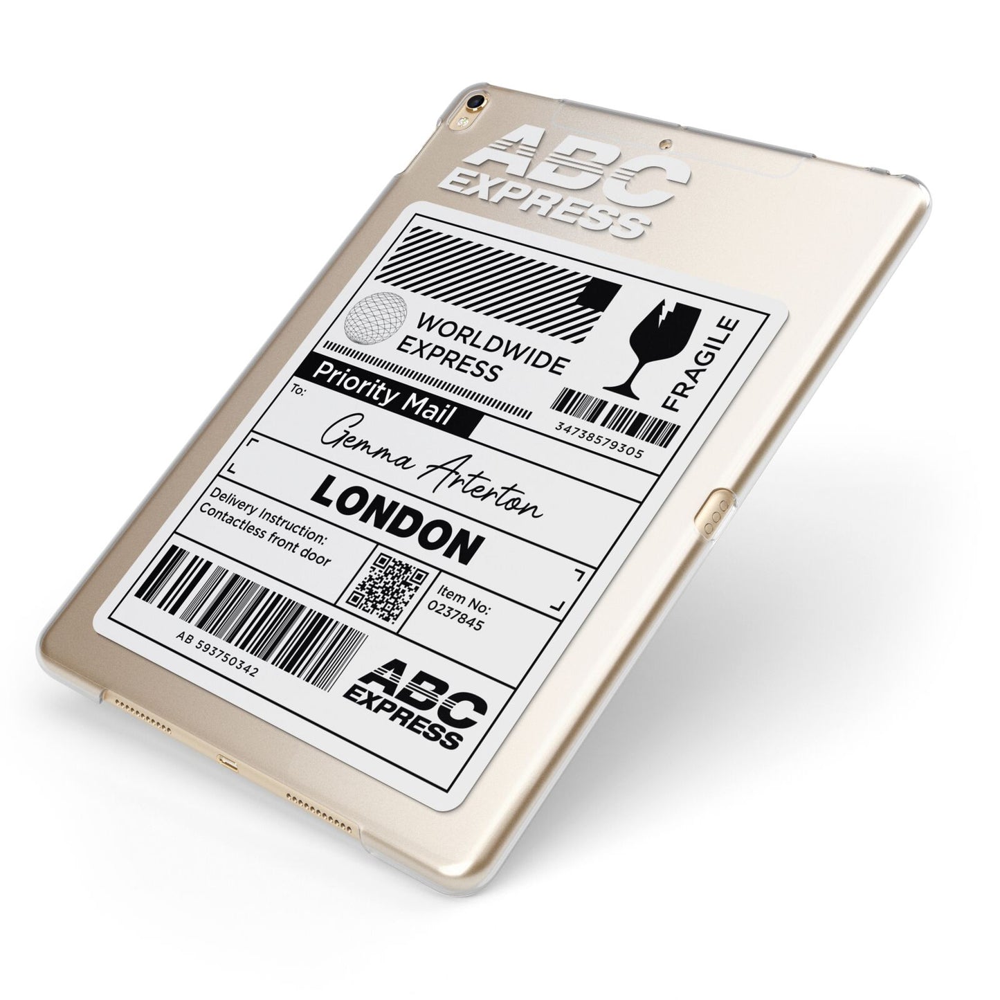 Monochrome Courier Label with Name Apple iPad Case on Gold iPad Side View