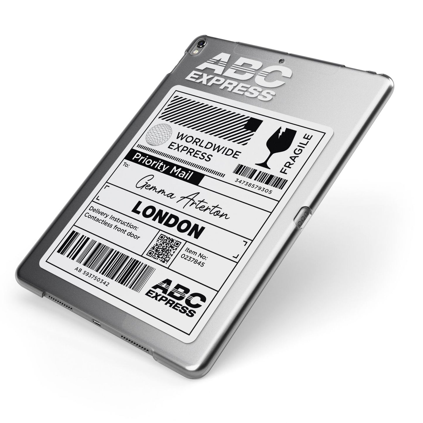 Monochrome Courier Label with Name Apple iPad Case on Grey iPad Side View