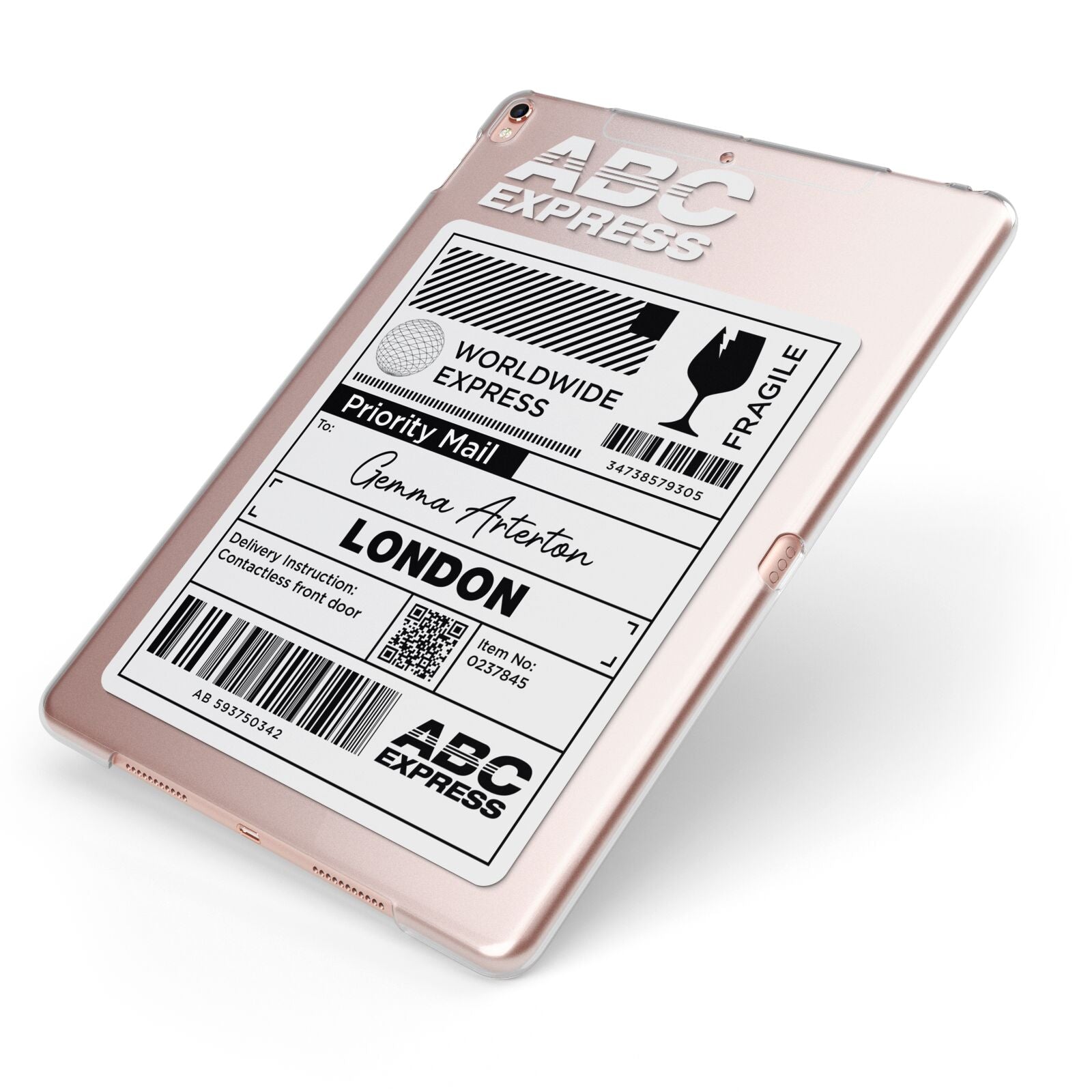 Monochrome Courier Label with Name Apple iPad Case on Rose Gold iPad Side View