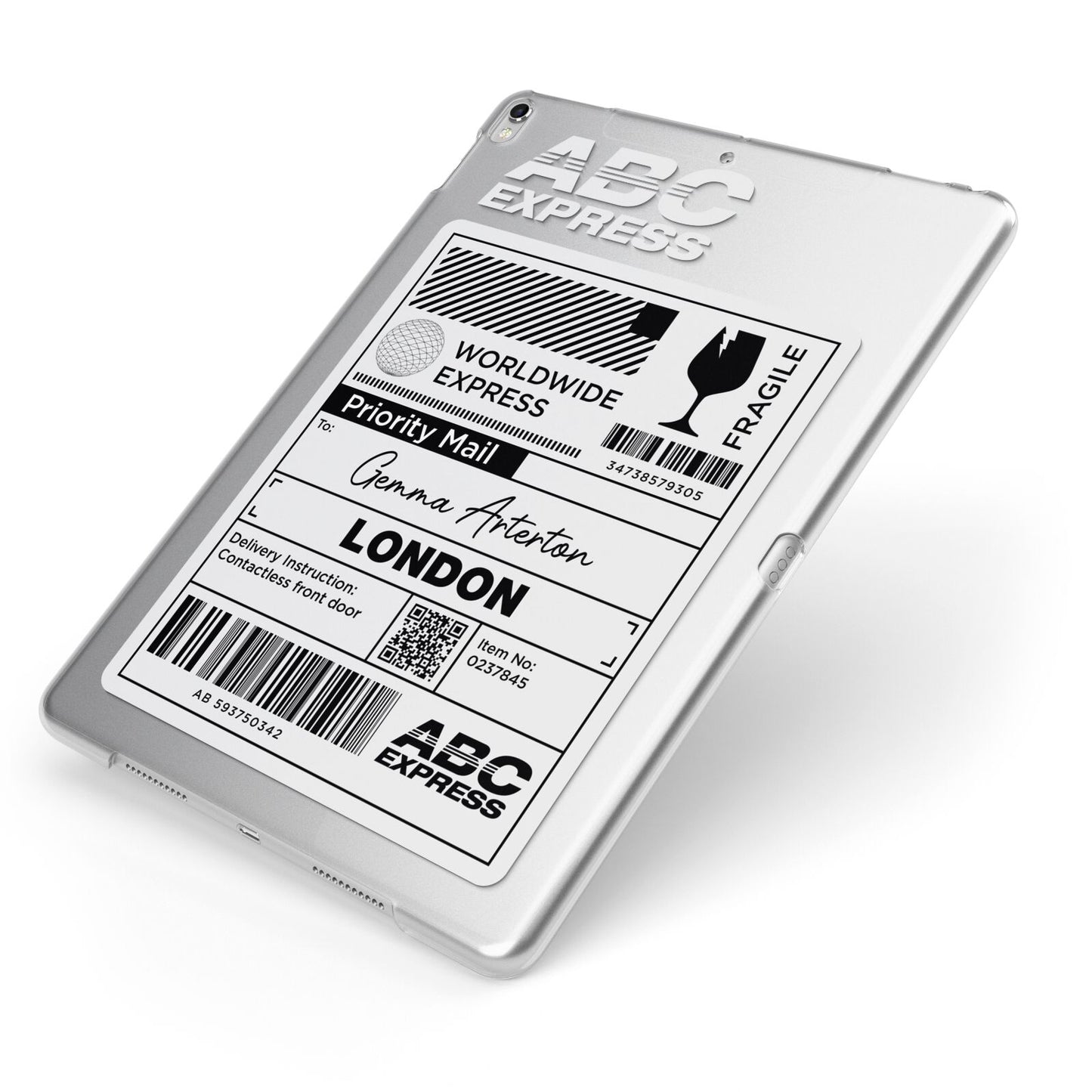 Monochrome Courier Label with Name Apple iPad Case on Silver iPad Side View