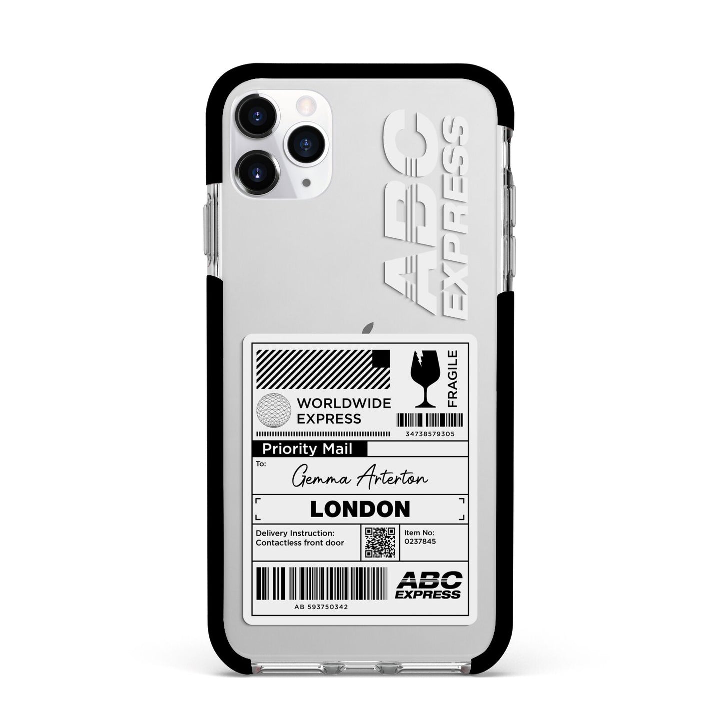 Monochrome Courier Label with Name Apple iPhone 11 Pro Max in Silver with Black Impact Case