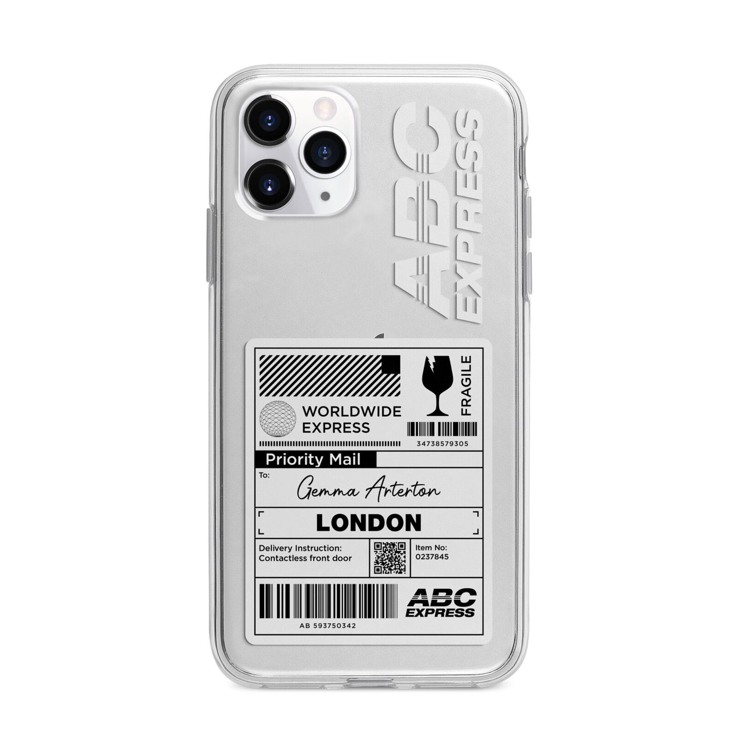 Monochrome Courier Label with Name Apple iPhone 11 Pro Max in Silver with Bumper Case