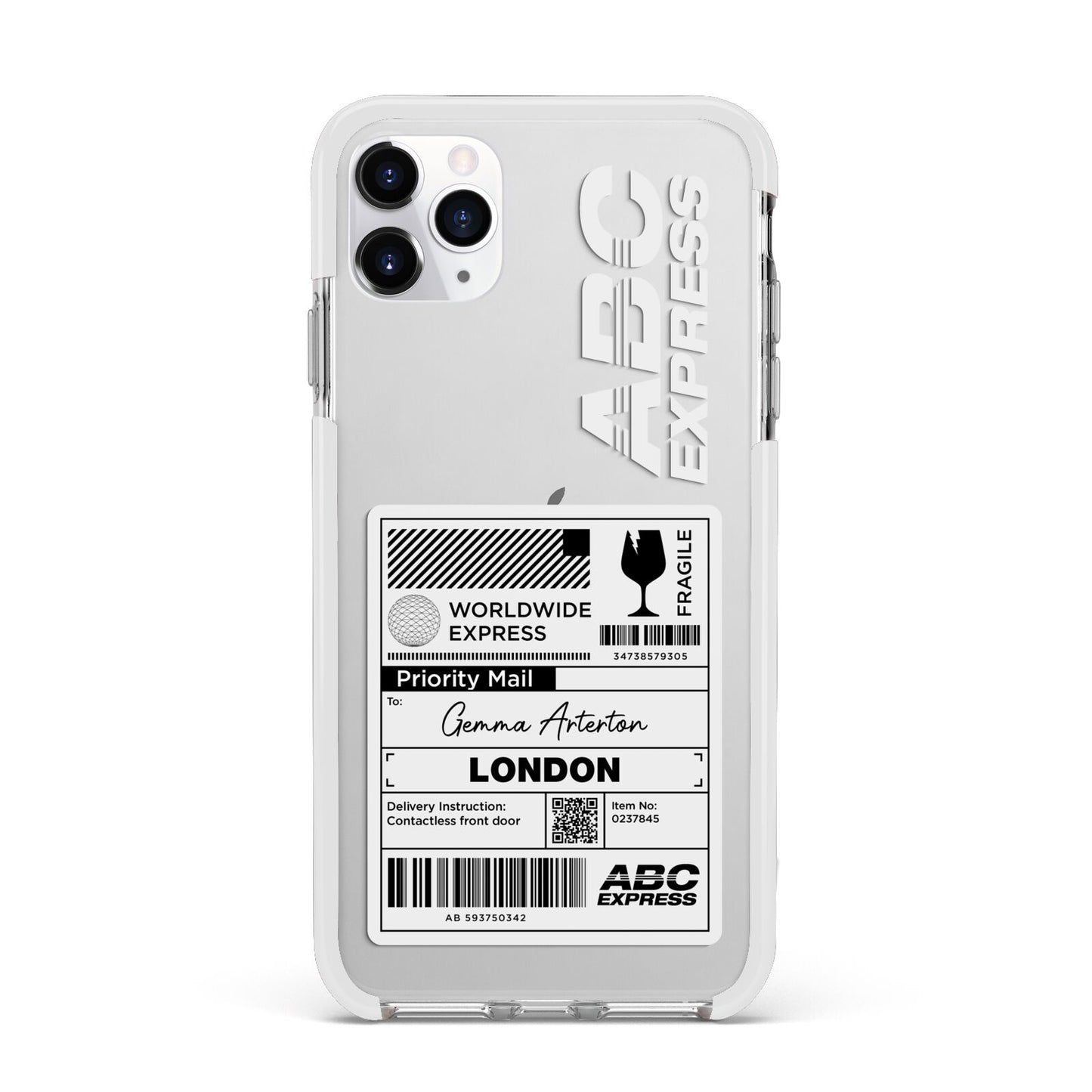 Monochrome Courier Label with Name Apple iPhone 11 Pro Max in Silver with White Impact Case