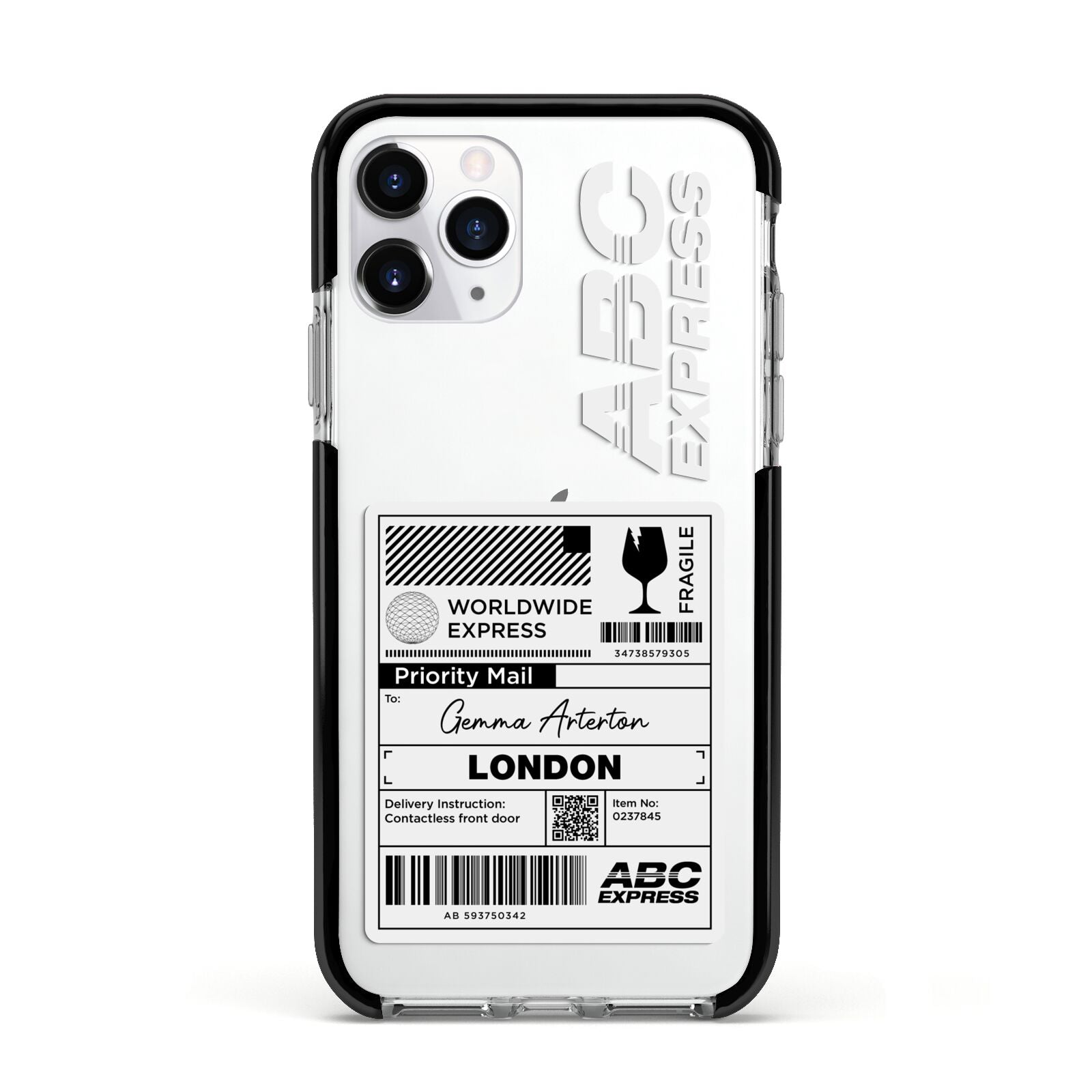 Monochrome Courier Label with Name Apple iPhone 11 Pro in Silver with Black Impact Case