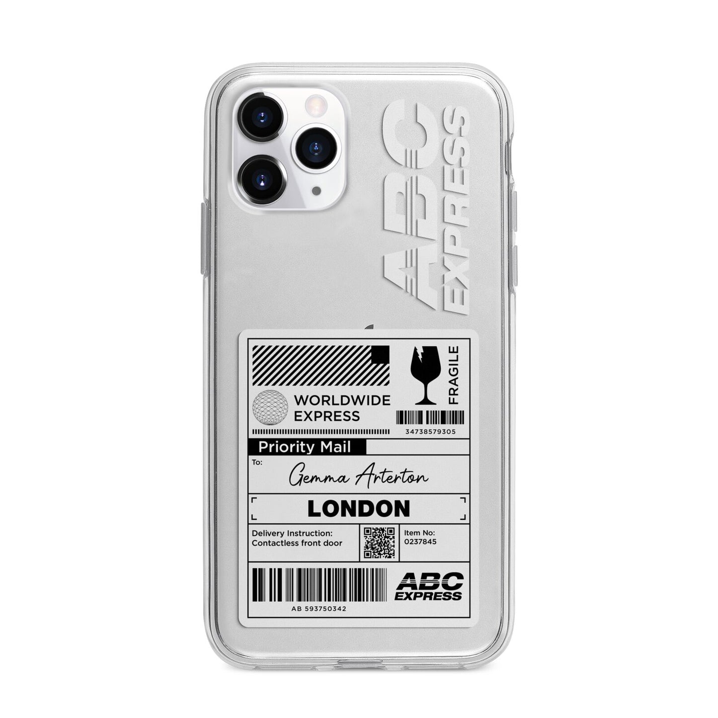 Monochrome Courier Label with Name Apple iPhone 11 Pro in Silver with Bumper Case