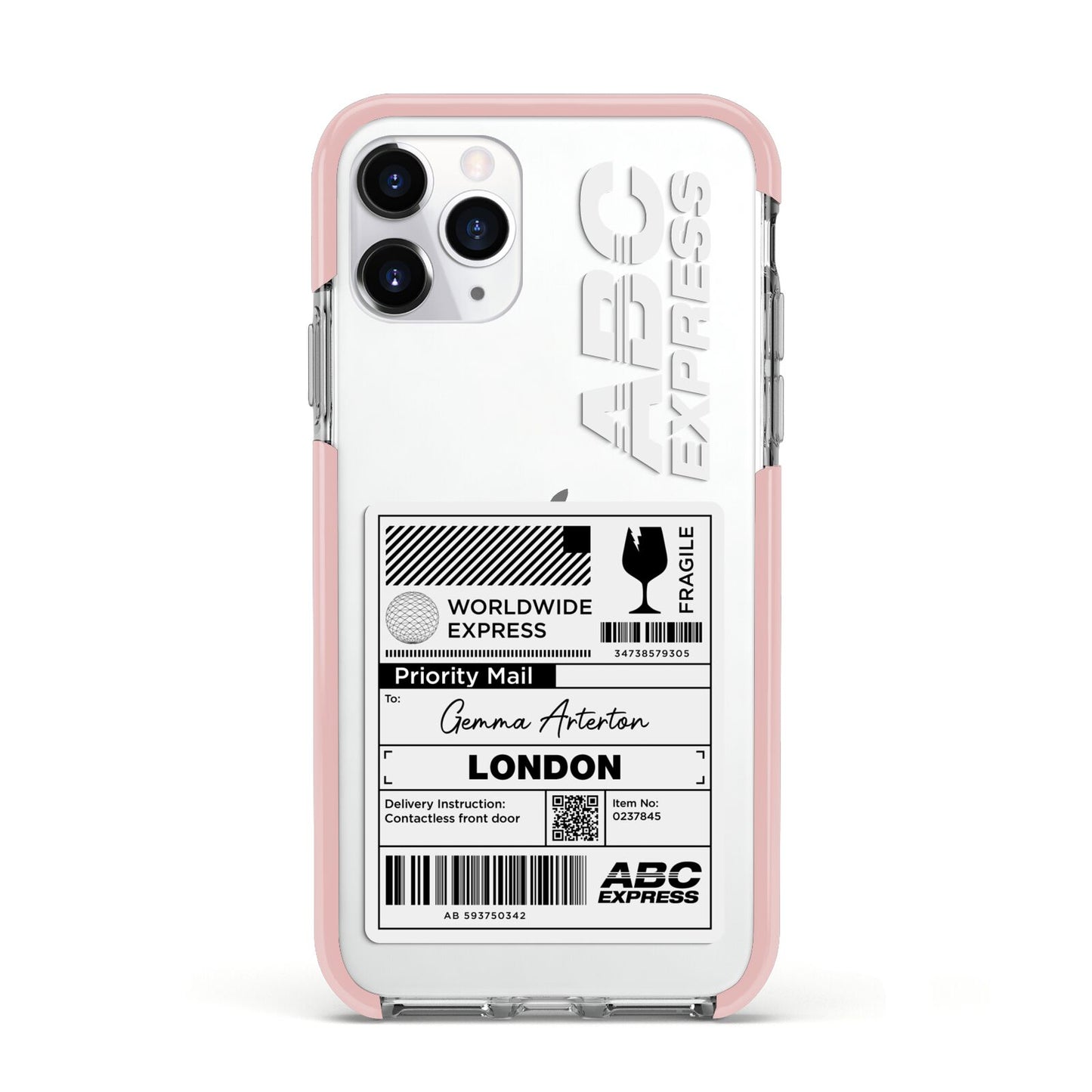 Monochrome Courier Label with Name Apple iPhone 11 Pro in Silver with Pink Impact Case