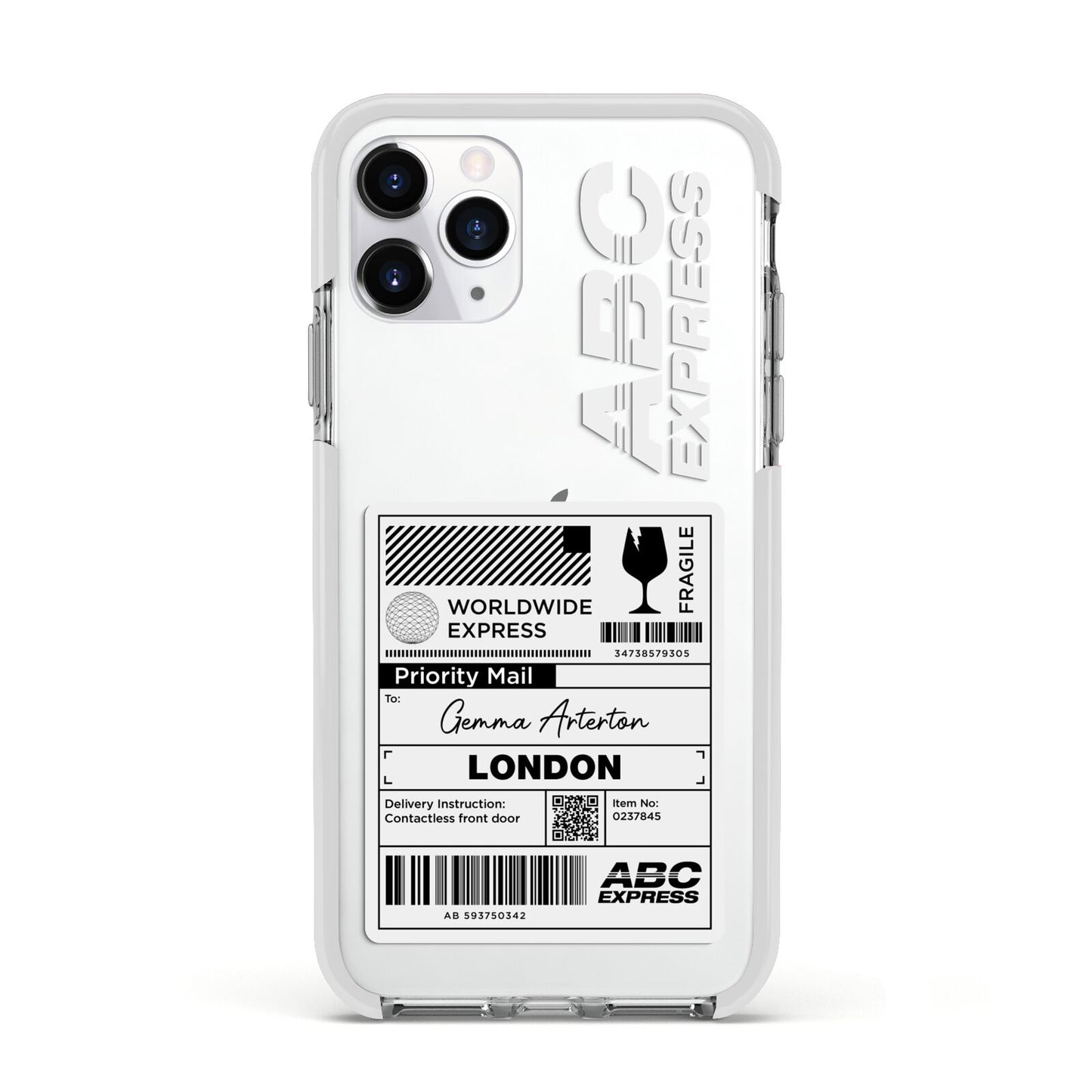 Monochrome Courier Label with Name Apple iPhone 11 Pro in Silver with White Impact Case