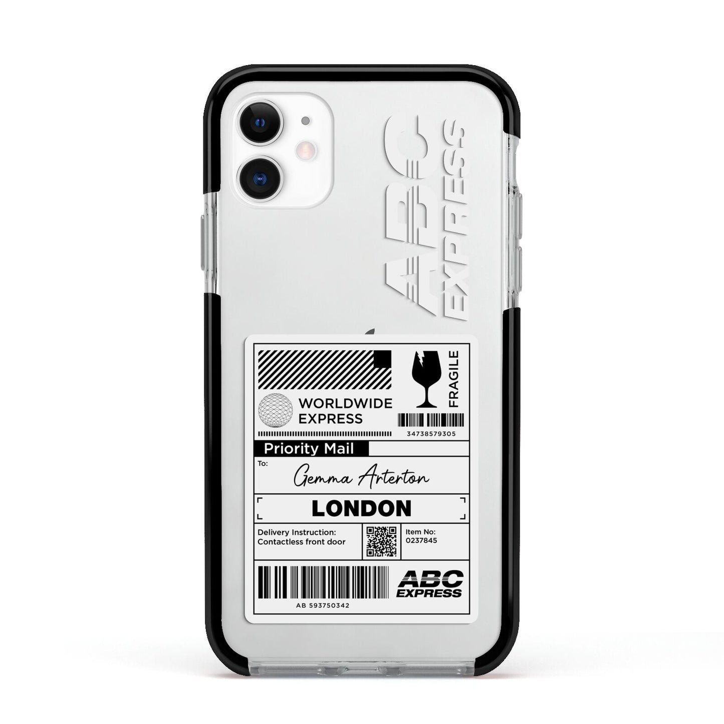 Monochrome Courier Label with Name Apple iPhone 11 in White with Black Impact Case