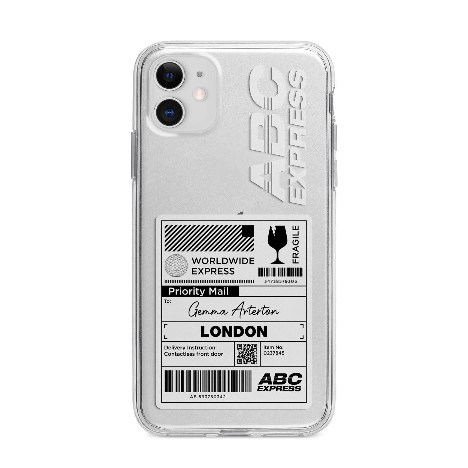 Monochrome Courier Label with Name Apple iPhone 11 in White with Bumper Case