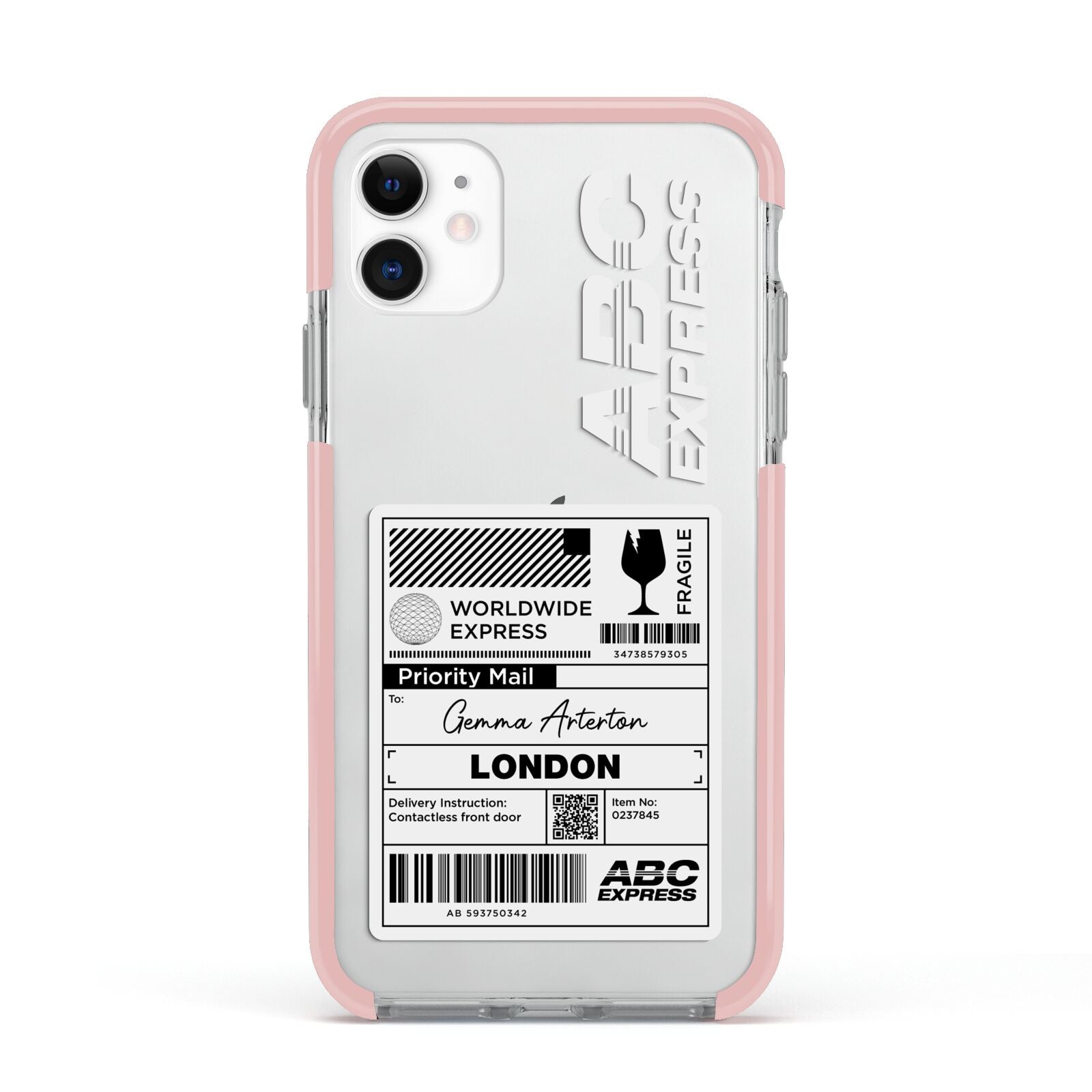 Monochrome Courier Label with Name Apple iPhone 11 in White with Pink Impact Case