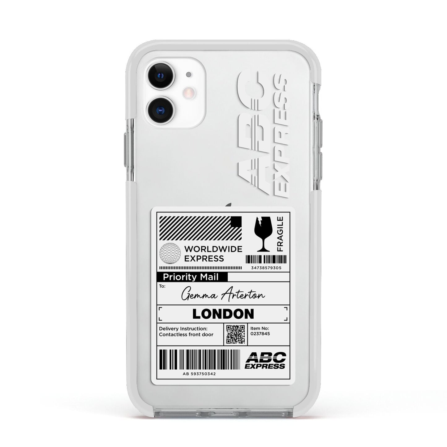 Monochrome Courier Label with Name Apple iPhone 11 in White with White Impact Case