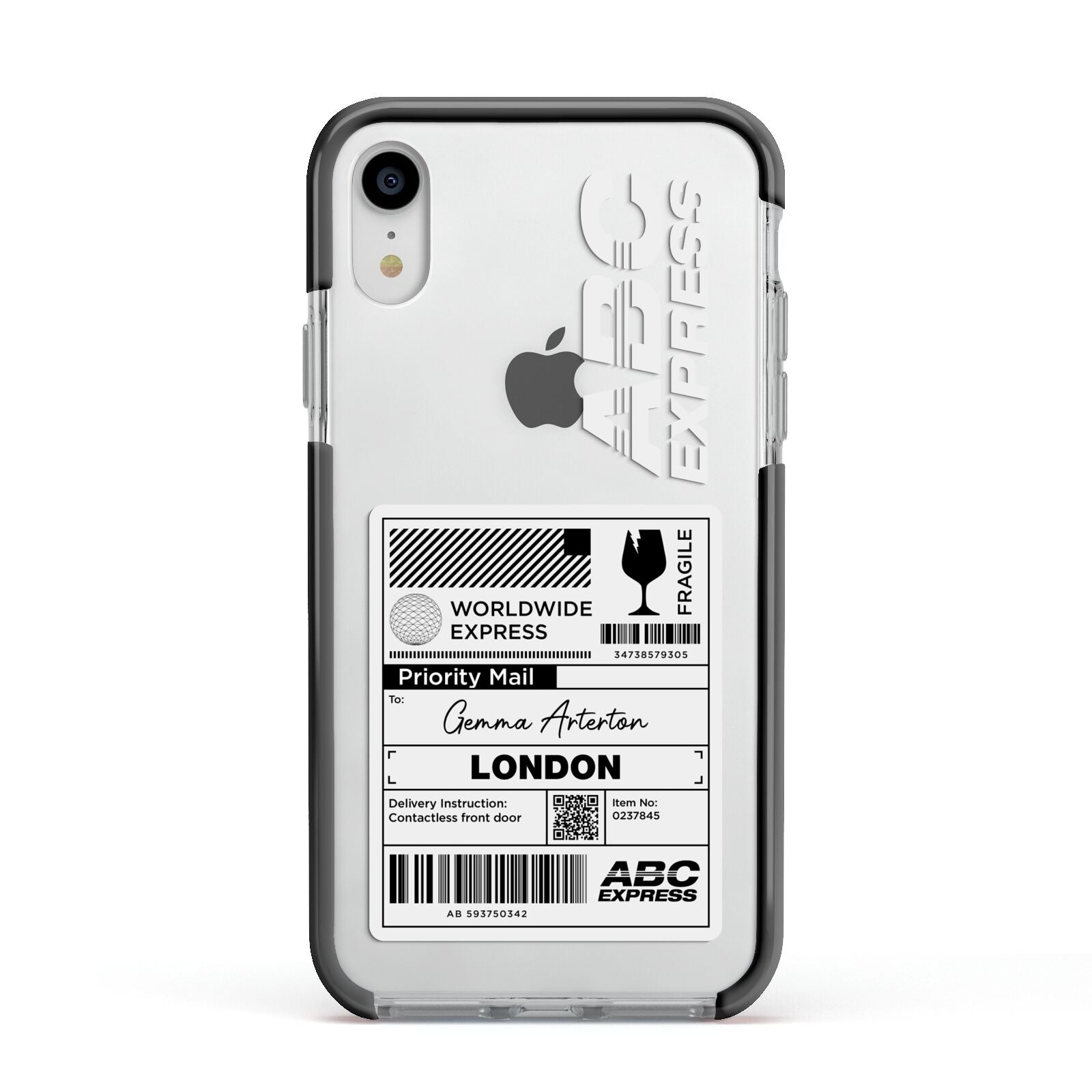 Monochrome Courier Label with Name Apple iPhone XR Impact Case Black Edge on Silver Phone