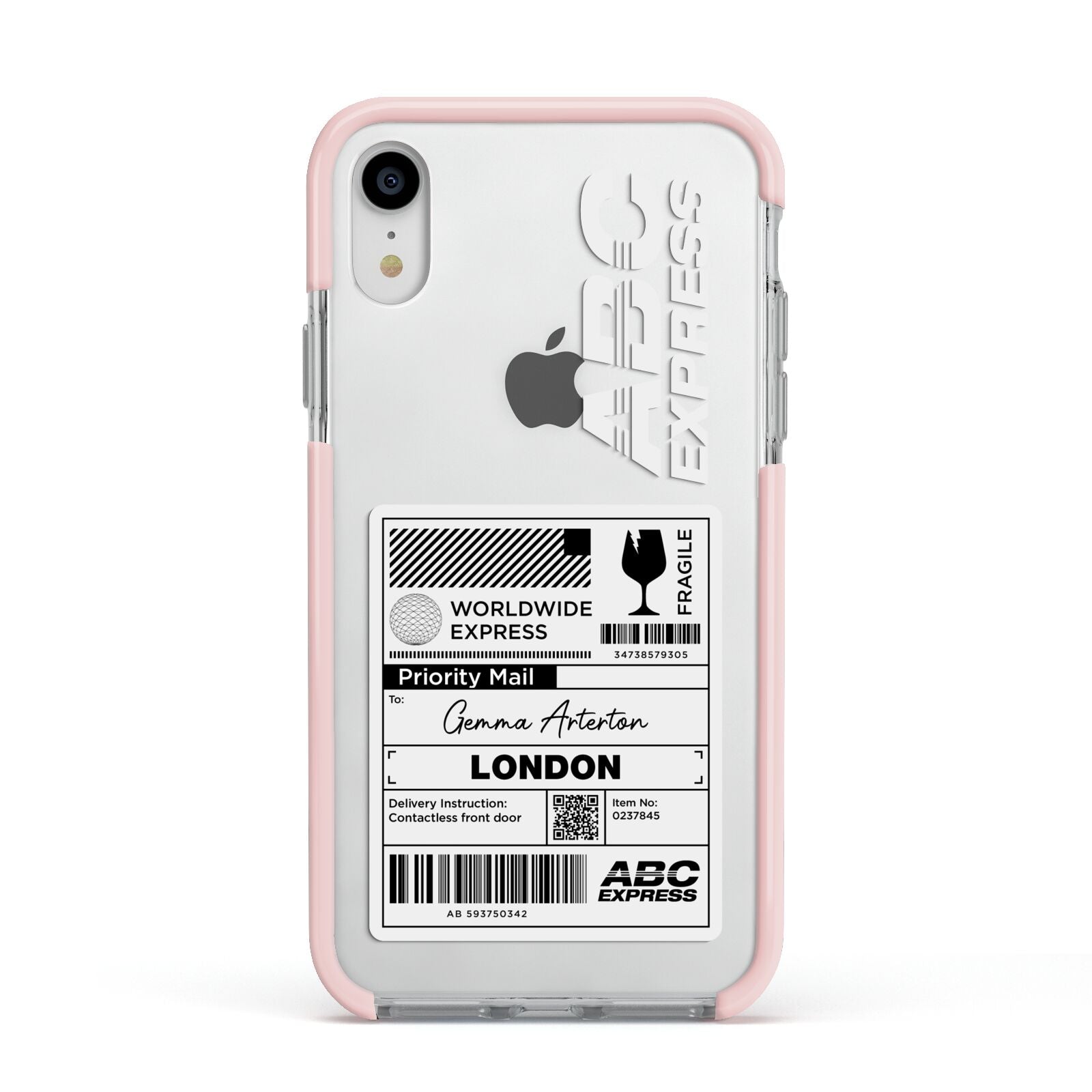 Monochrome Courier Label with Name Apple iPhone XR Impact Case Pink Edge on Silver Phone