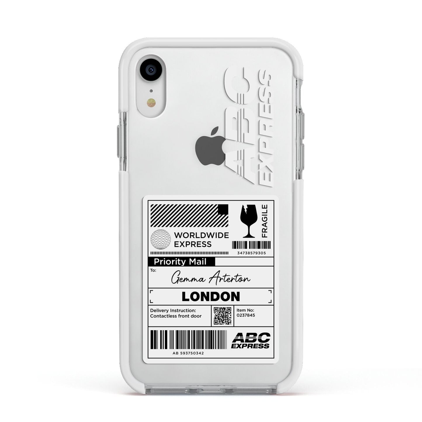 Monochrome Courier Label with Name Apple iPhone XR Impact Case White Edge on Silver Phone