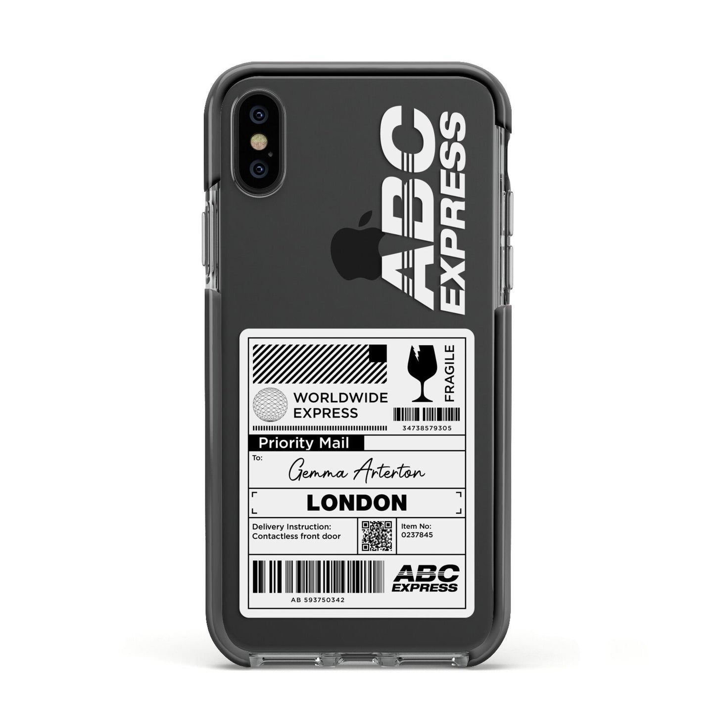 Monochrome Courier Label with Name Apple iPhone Xs Impact Case Black Edge on Black Phone