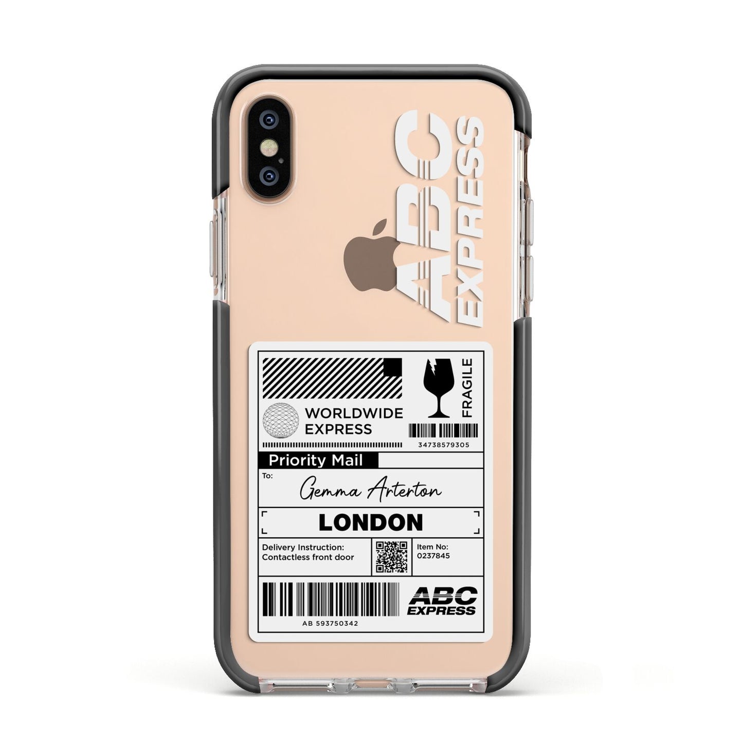 Monochrome Courier Label with Name Apple iPhone Xs Impact Case Black Edge on Gold Phone