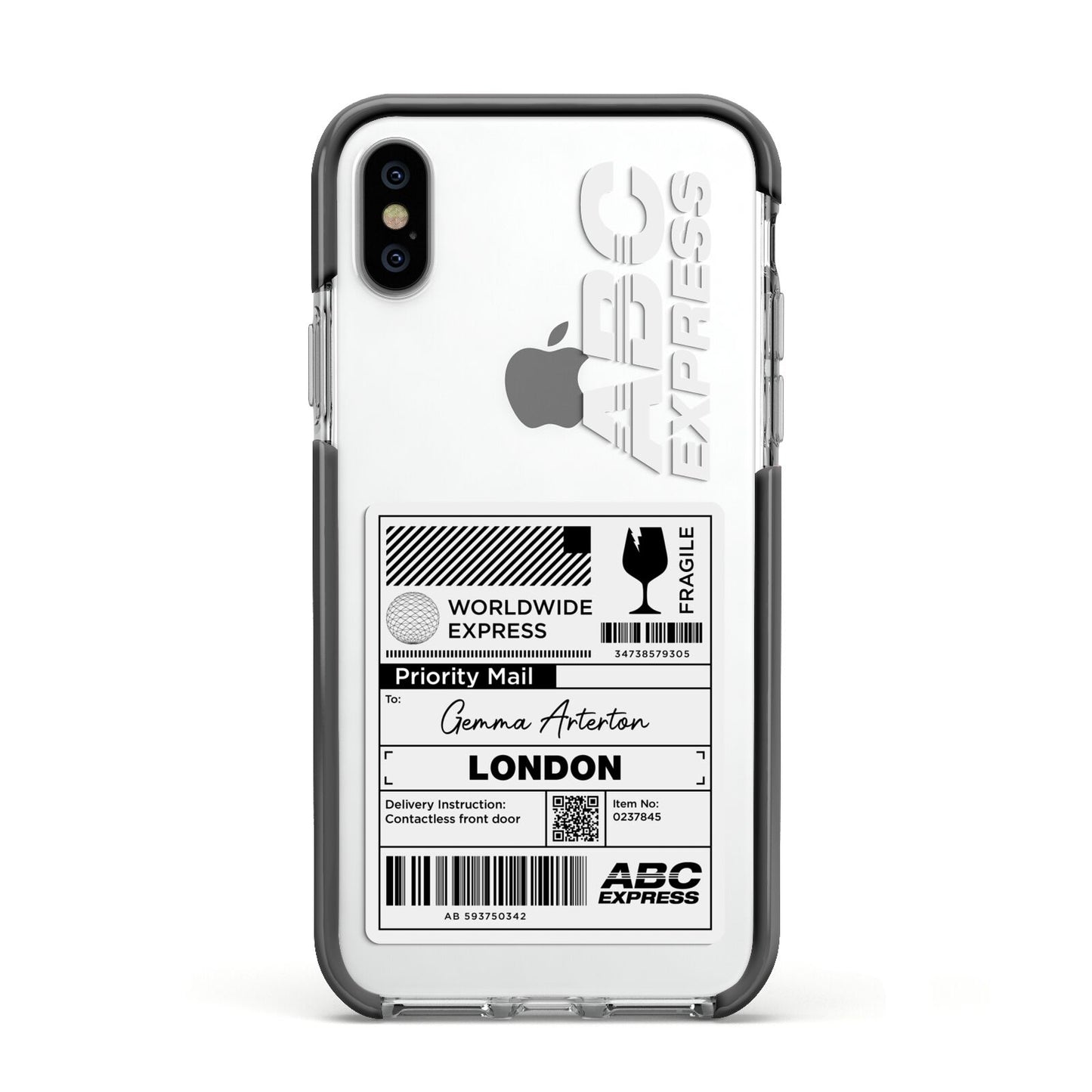 Monochrome Courier Label with Name Apple iPhone Xs Impact Case Black Edge on Silver Phone