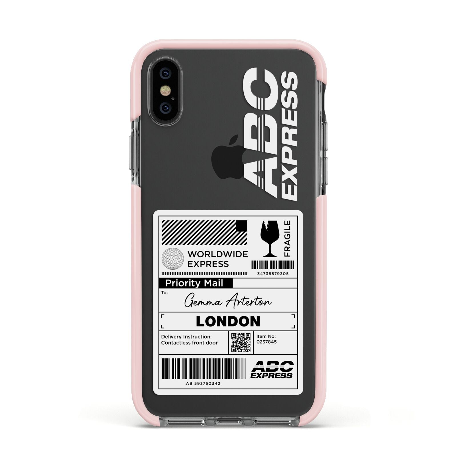 Monochrome Courier Label with Name Apple iPhone Xs Impact Case Pink Edge on Black Phone