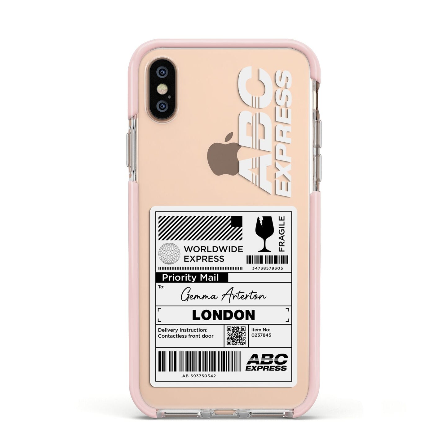 Monochrome Courier Label with Name Apple iPhone Xs Impact Case Pink Edge on Gold Phone