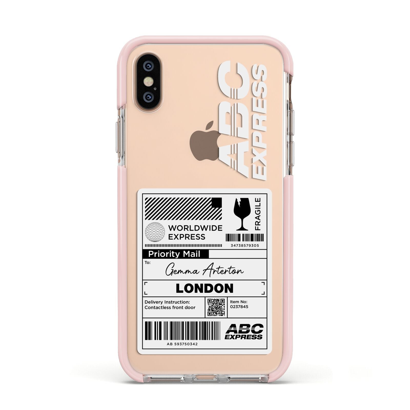 Monochrome Courier Label with Name Apple iPhone Xs Impact Case Pink Edge on Gold Phone