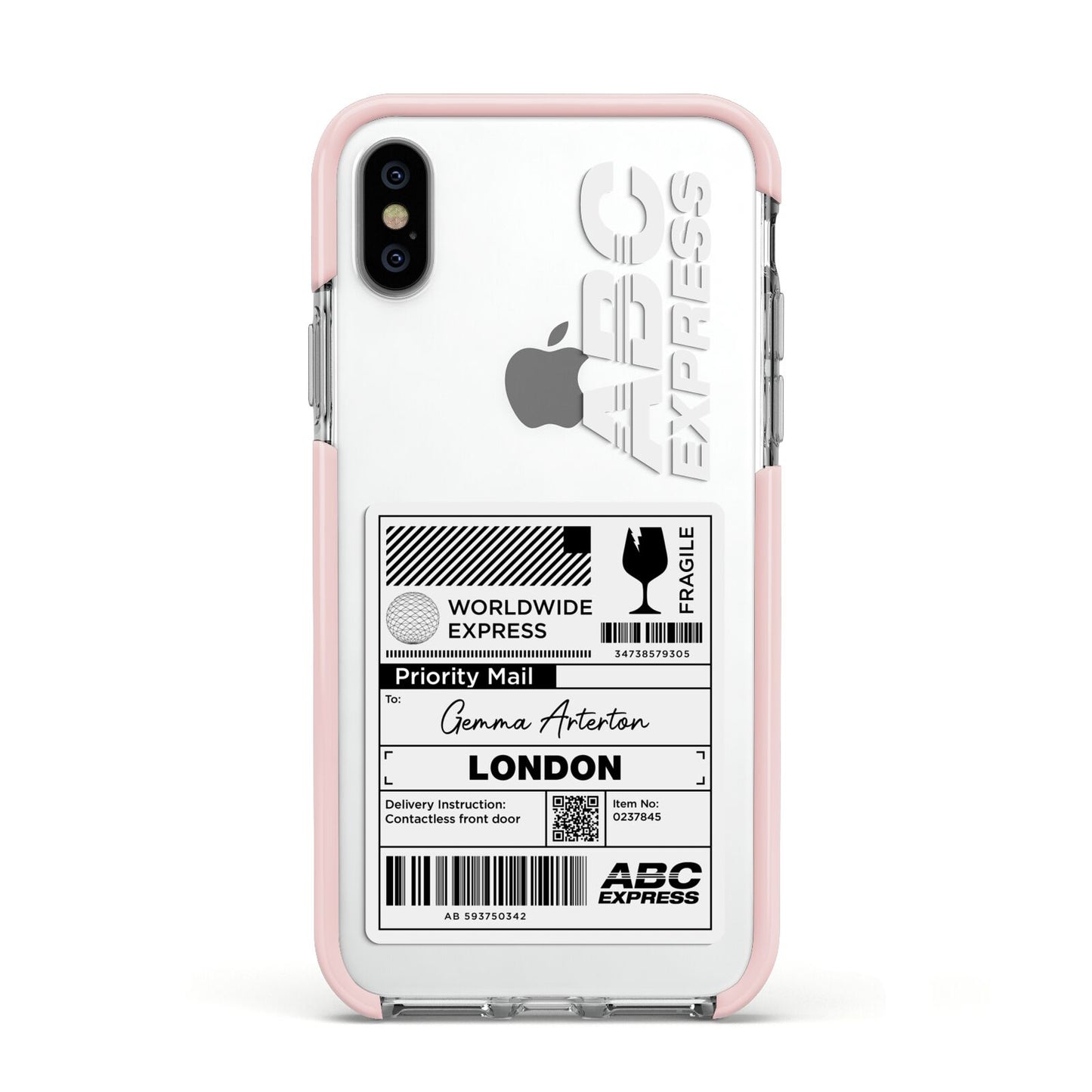 Monochrome Courier Label with Name Apple iPhone Xs Impact Case Pink Edge on Silver Phone