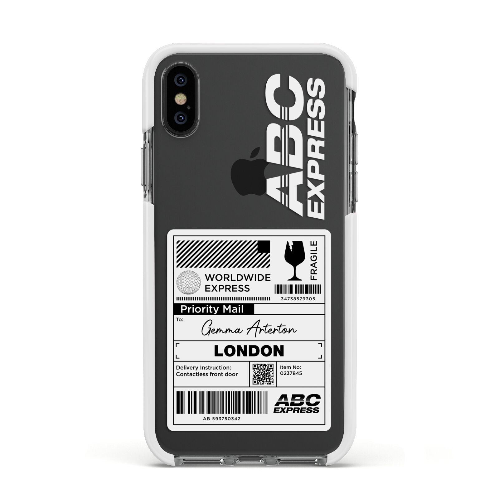 Monochrome Courier Label with Name Apple iPhone Xs Impact Case White Edge on Black Phone