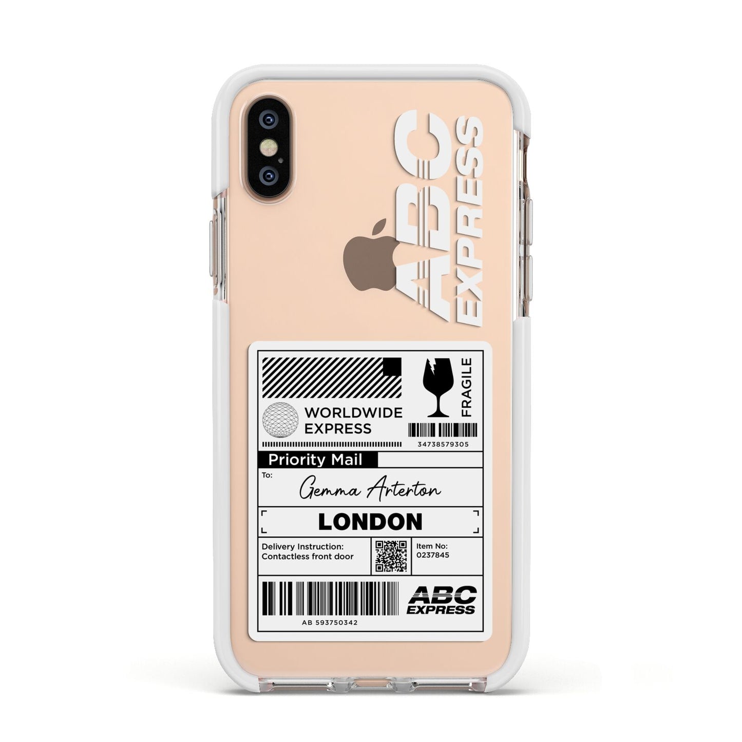 Monochrome Courier Label with Name Apple iPhone Xs Impact Case White Edge on Gold Phone