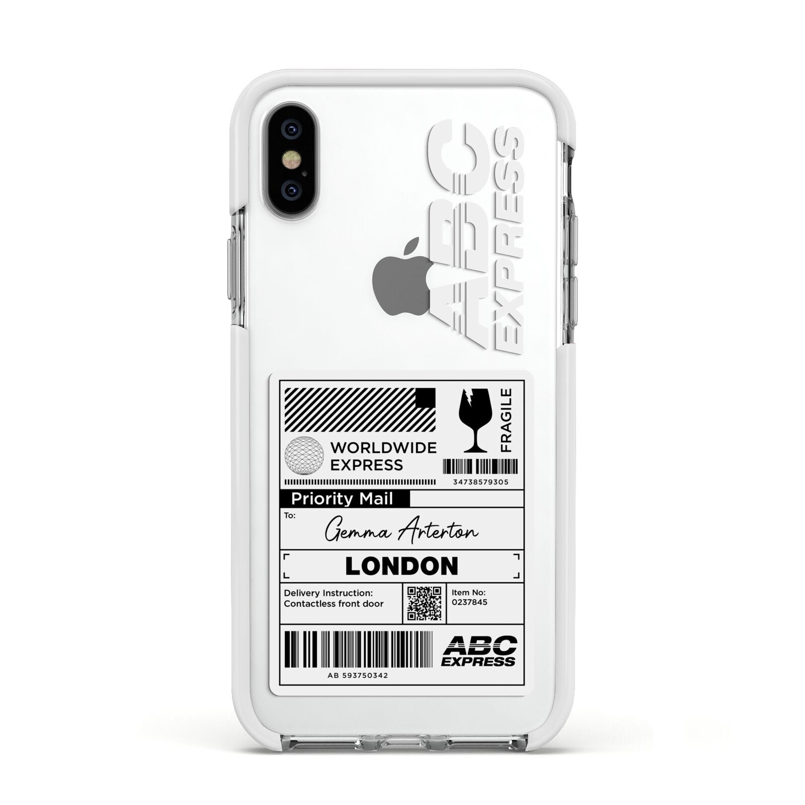 Monochrome Courier Label with Name Apple iPhone Xs Impact Case White Edge on Silver Phone