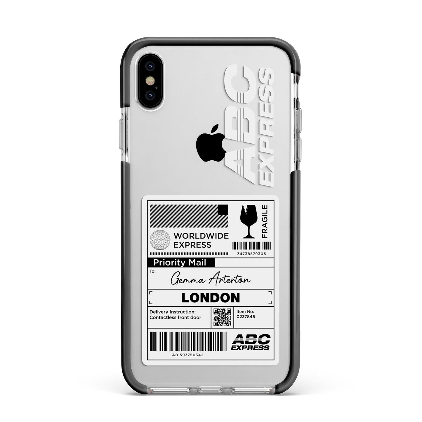 Monochrome Courier Label with Name Apple iPhone Xs Max Impact Case Black Edge on Silver Phone