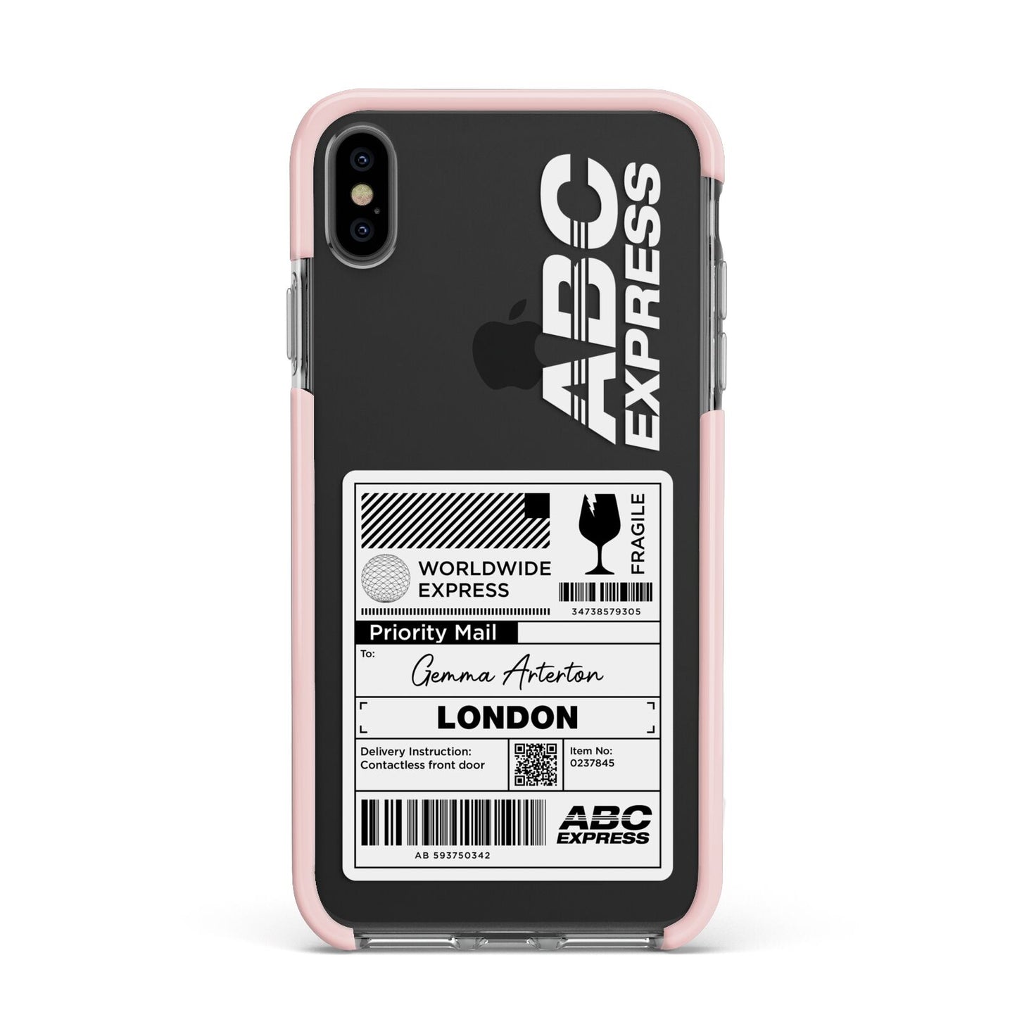 Monochrome Courier Label with Name Apple iPhone Xs Max Impact Case Pink Edge on Black Phone