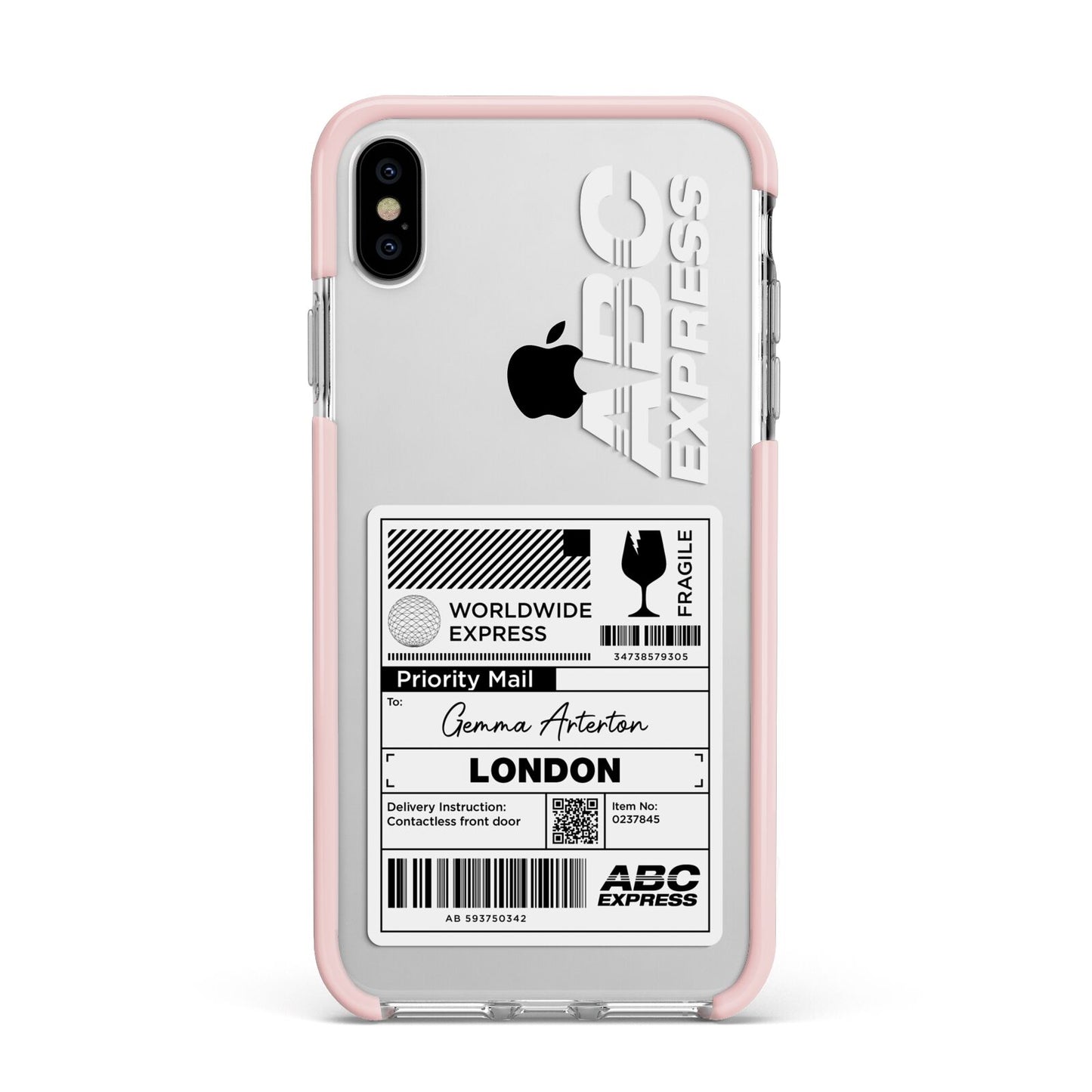 Monochrome Courier Label with Name Apple iPhone Xs Max Impact Case Pink Edge on Silver Phone