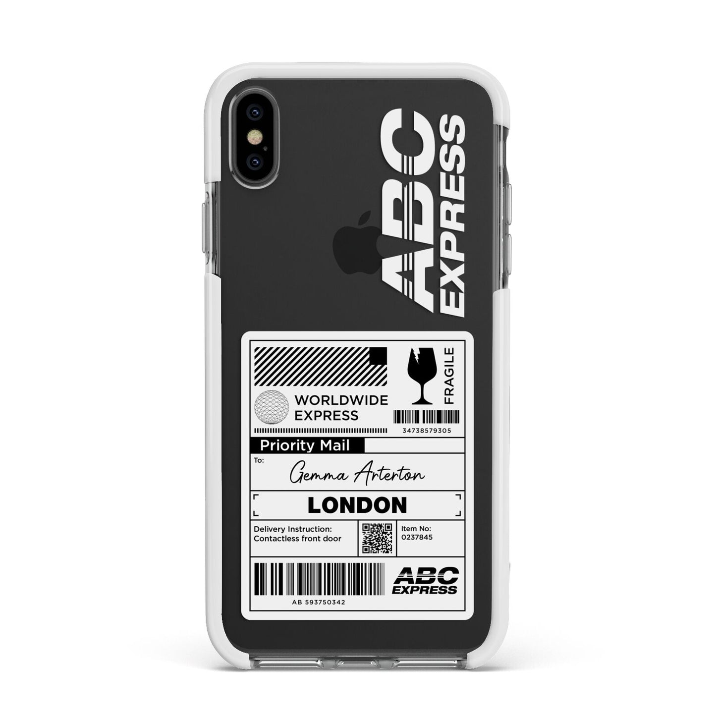 Monochrome Courier Label with Name Apple iPhone Xs Max Impact Case White Edge on Black Phone