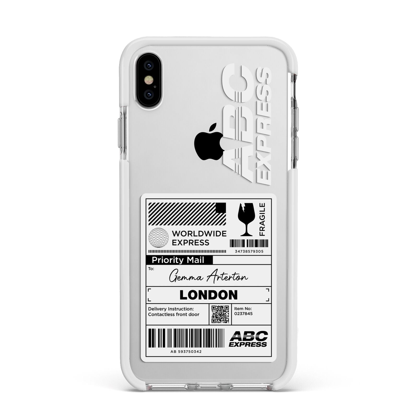 Monochrome Courier Label with Name Apple iPhone Xs Max Impact Case White Edge on Silver Phone