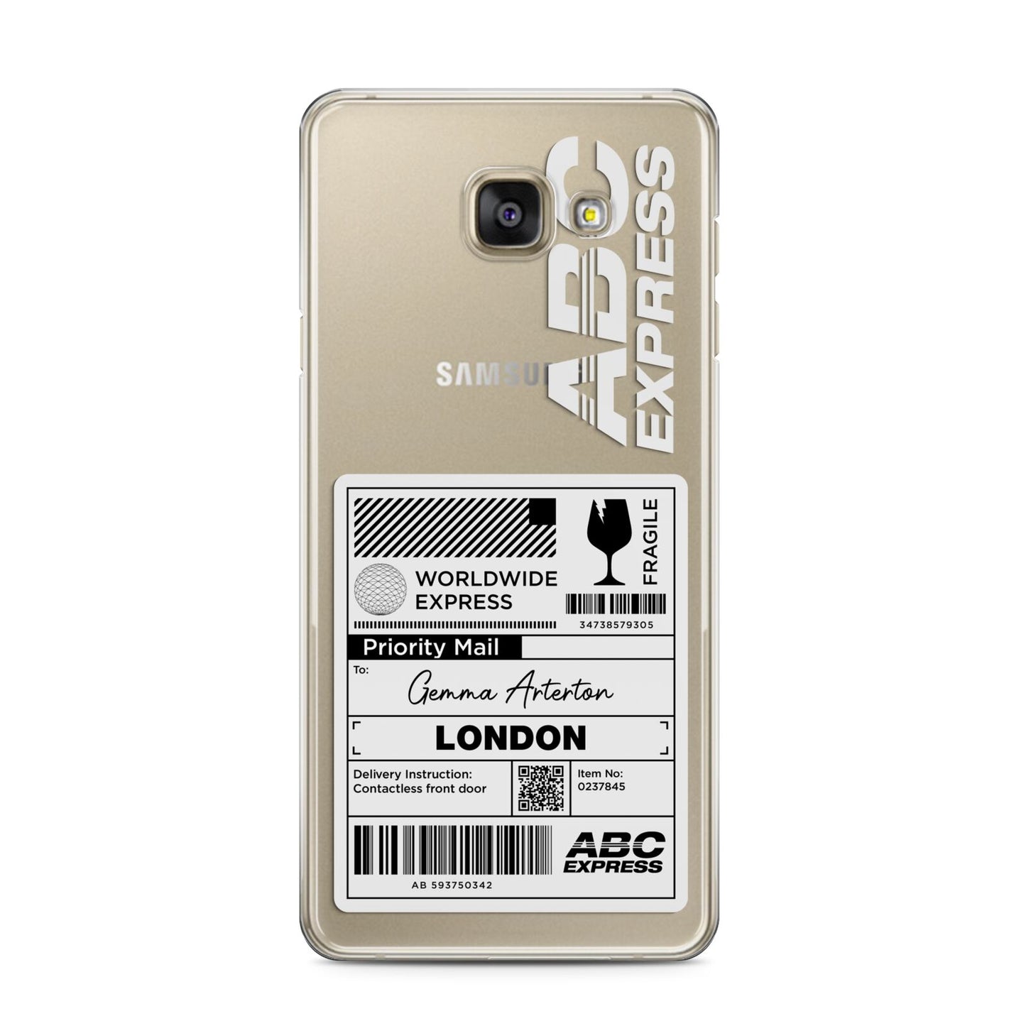 Monochrome Courier Label with Name Samsung Galaxy A3 2016 Case on gold phone