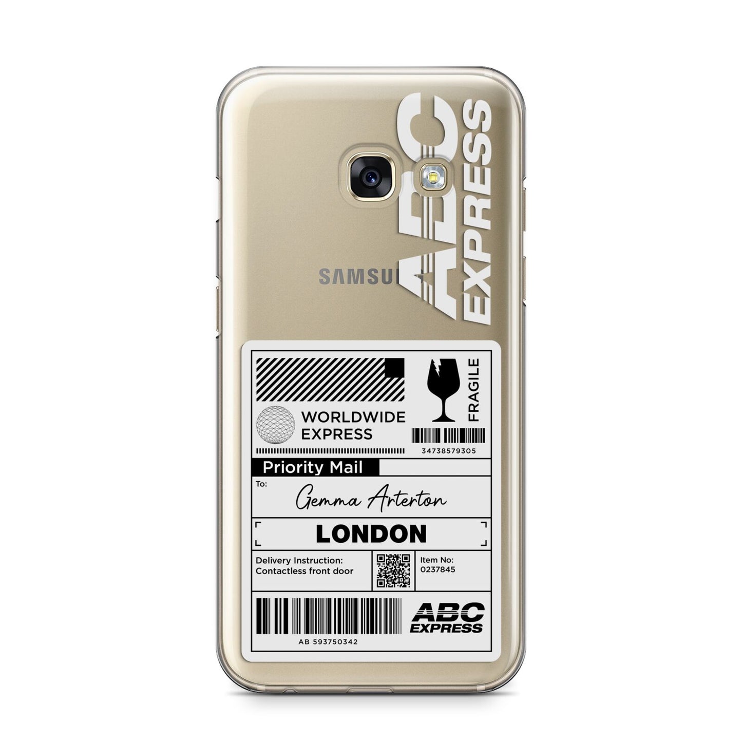 Monochrome Courier Label with Name Samsung Galaxy A3 2017 Case on gold phone