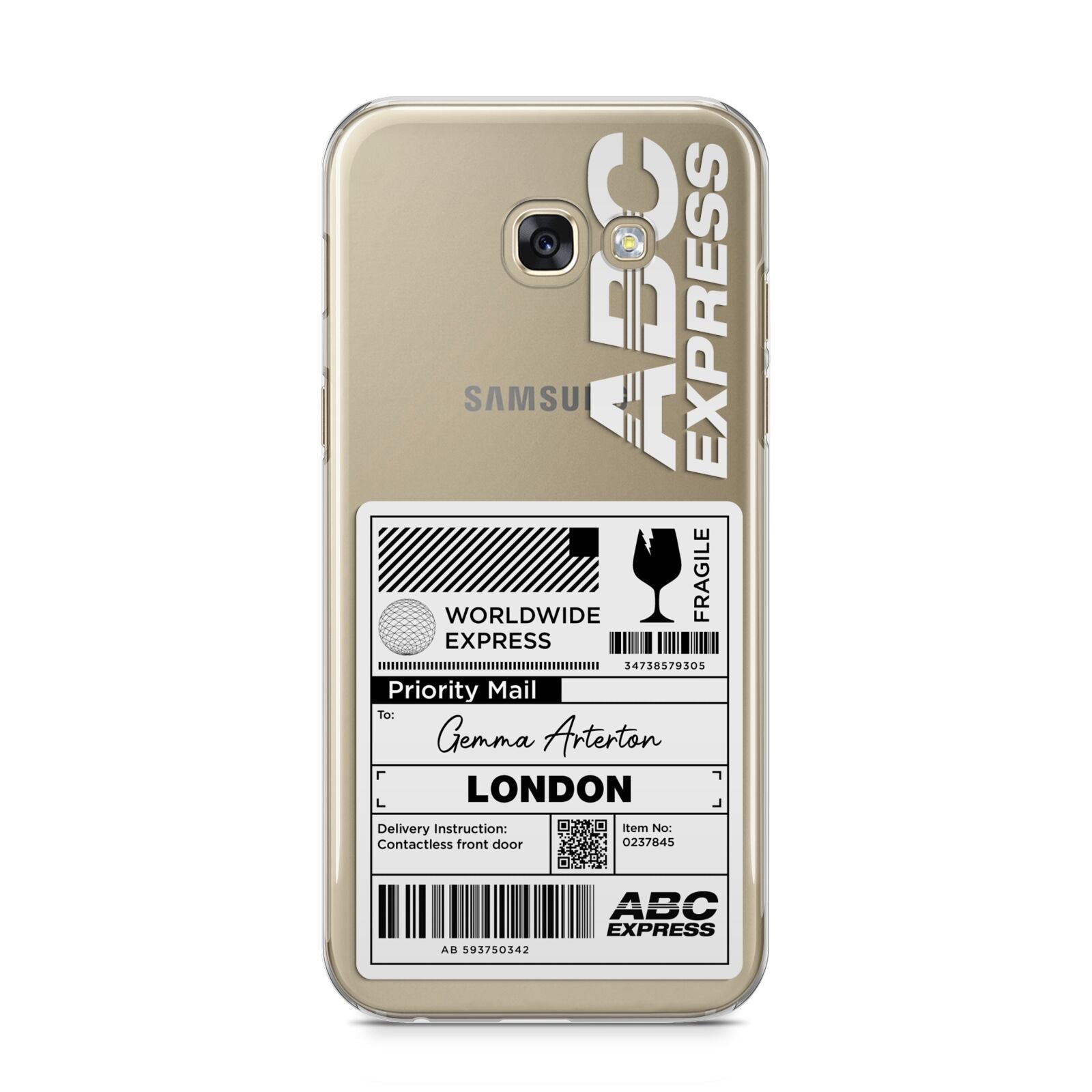 Monochrome Courier Label with Name Samsung Galaxy A5 2017 Case on gold phone