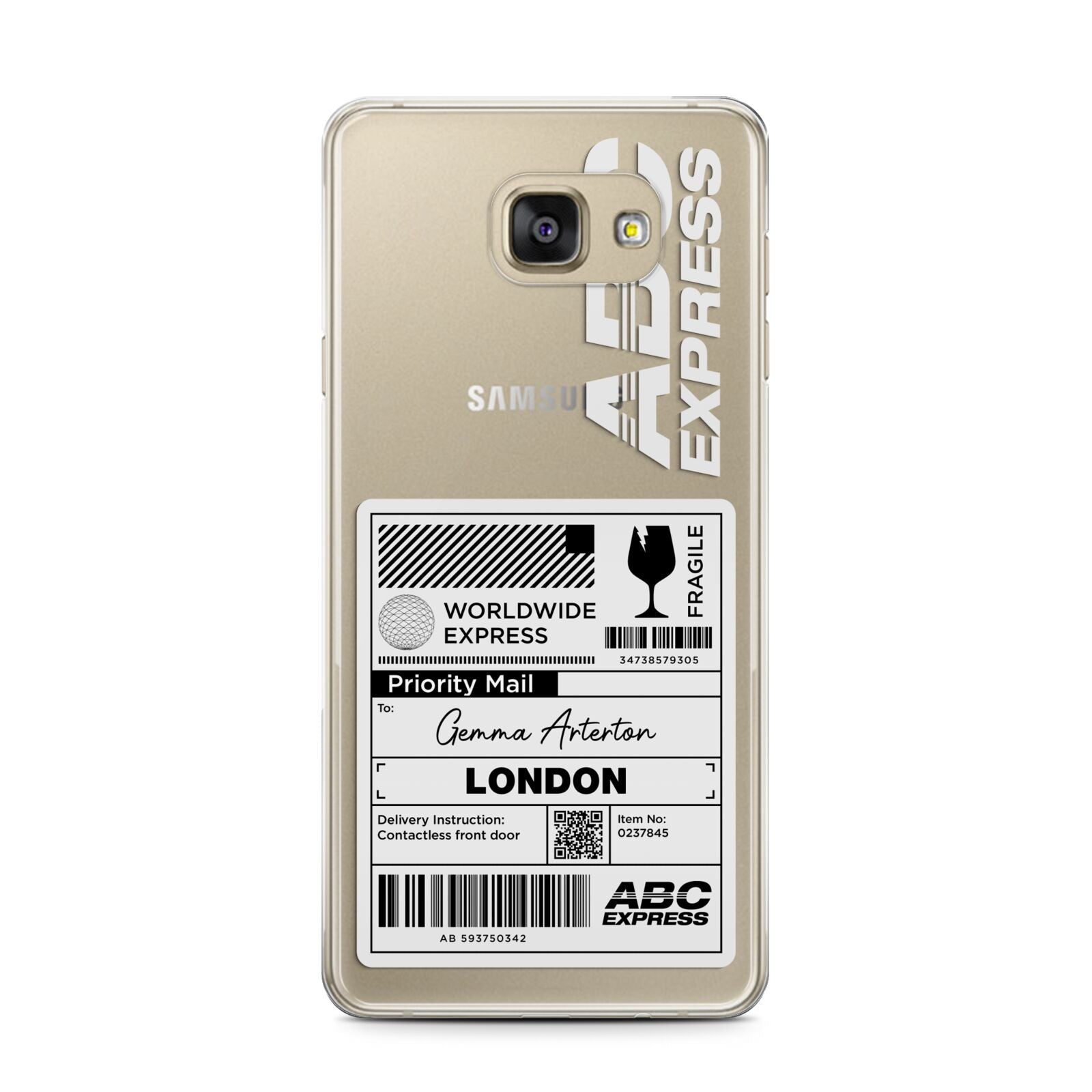 Monochrome Courier Label with Name Samsung Galaxy A7 2016 Case on gold phone