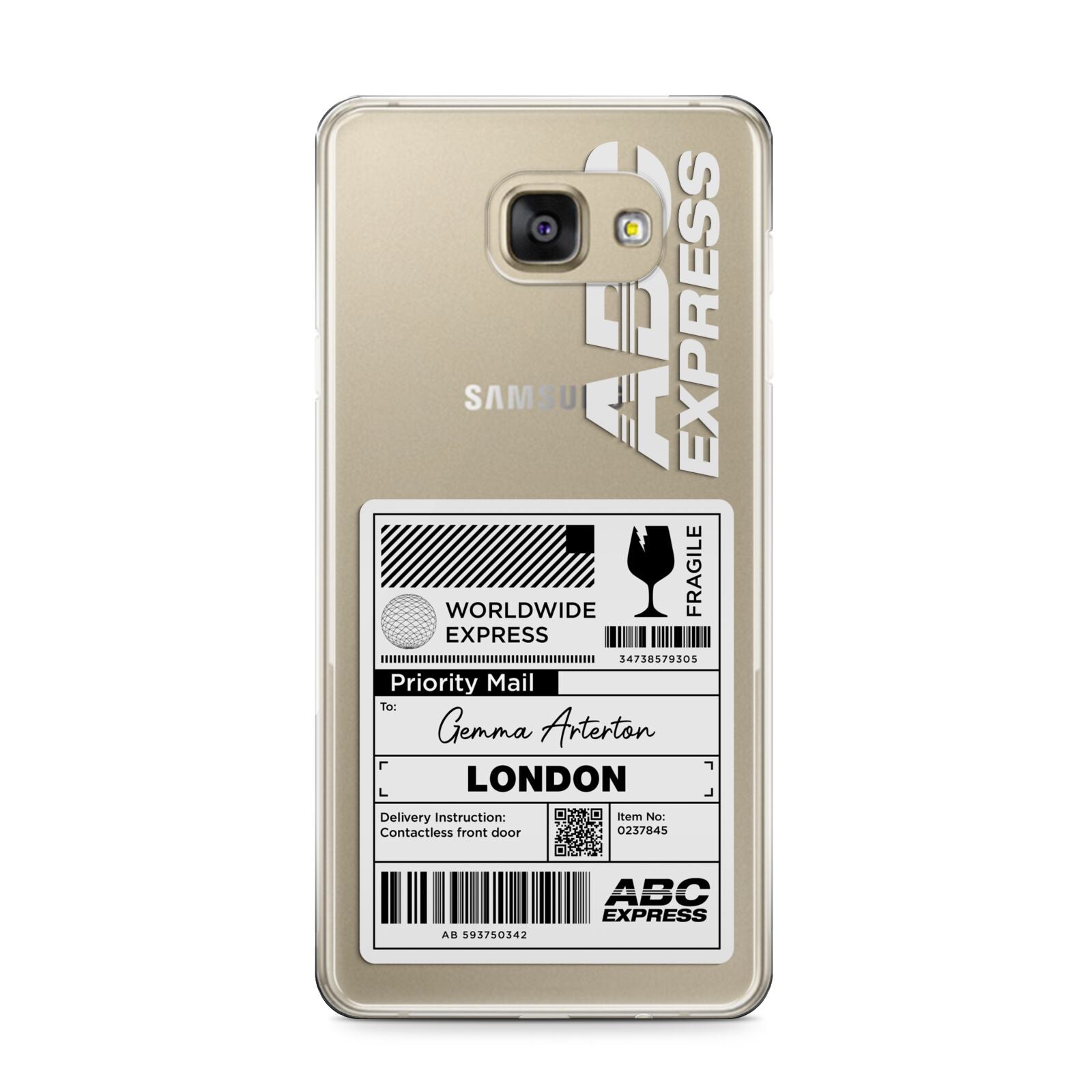 Monochrome Courier Label with Name Samsung Galaxy A9 2016 Case on gold phone