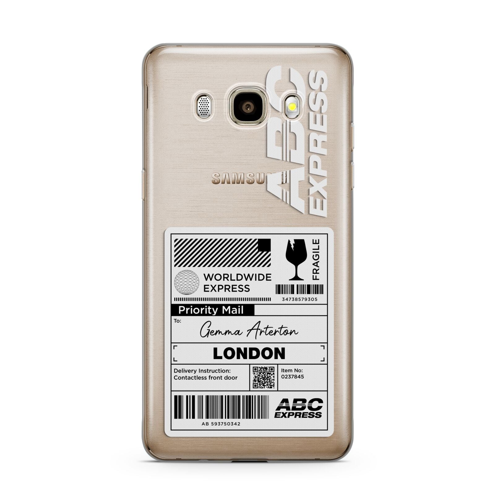 Monochrome Courier Label with Name Samsung Galaxy J7 2016 Case on gold phone