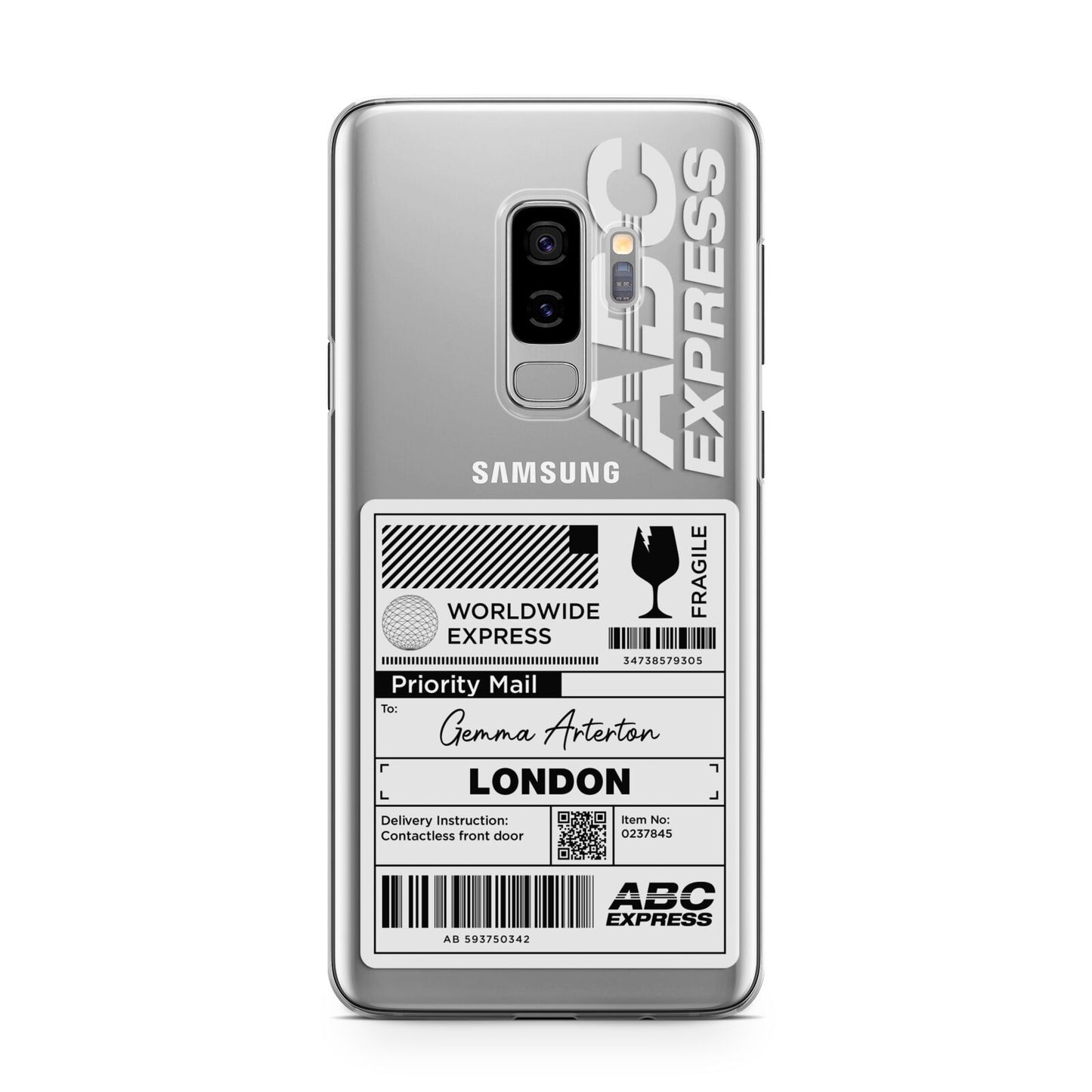 Monochrome Courier Label with Name Samsung Galaxy S9 Plus Case on Silver phone