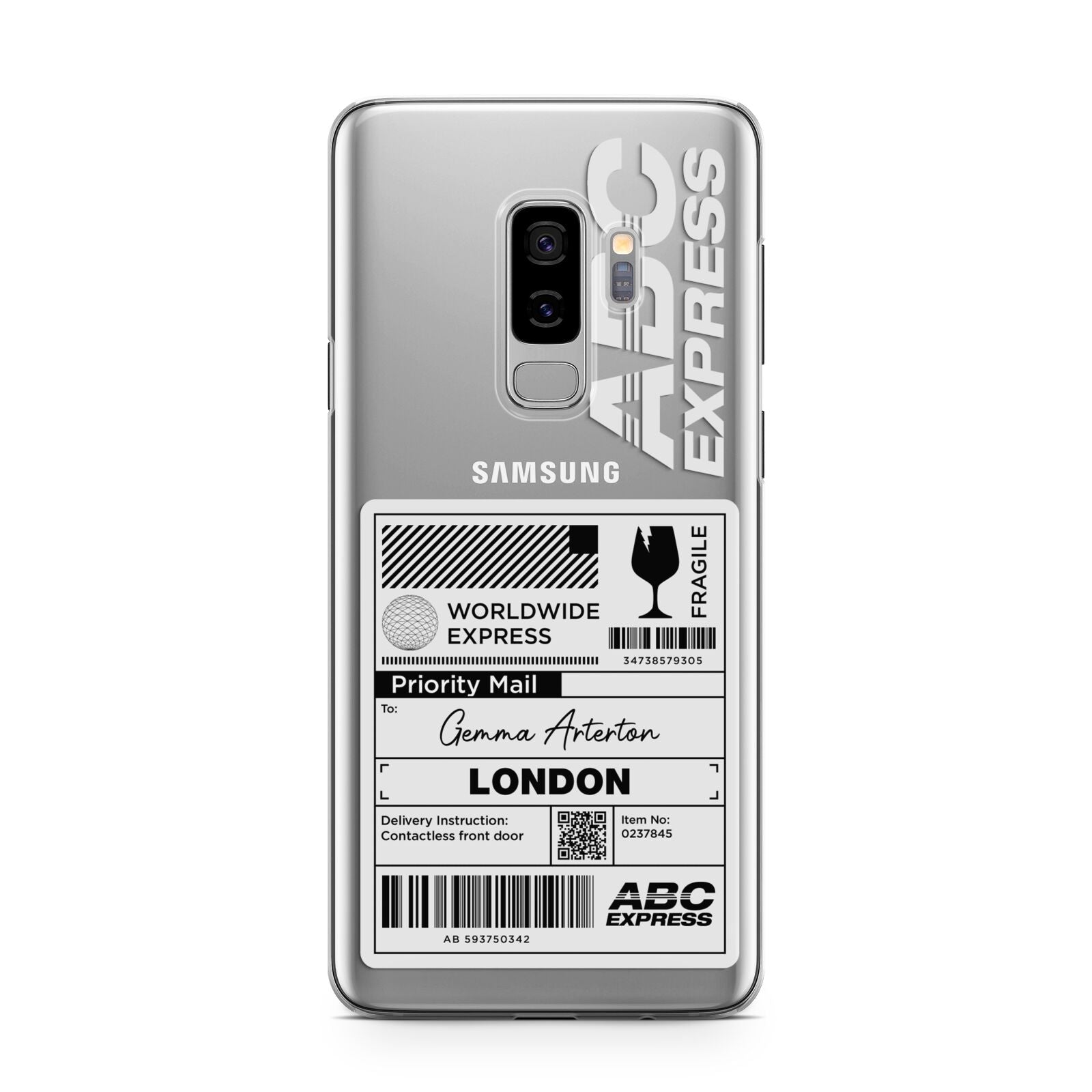 Monochrome Courier Label with Name Samsung Galaxy S9 Plus Case on Silver phone