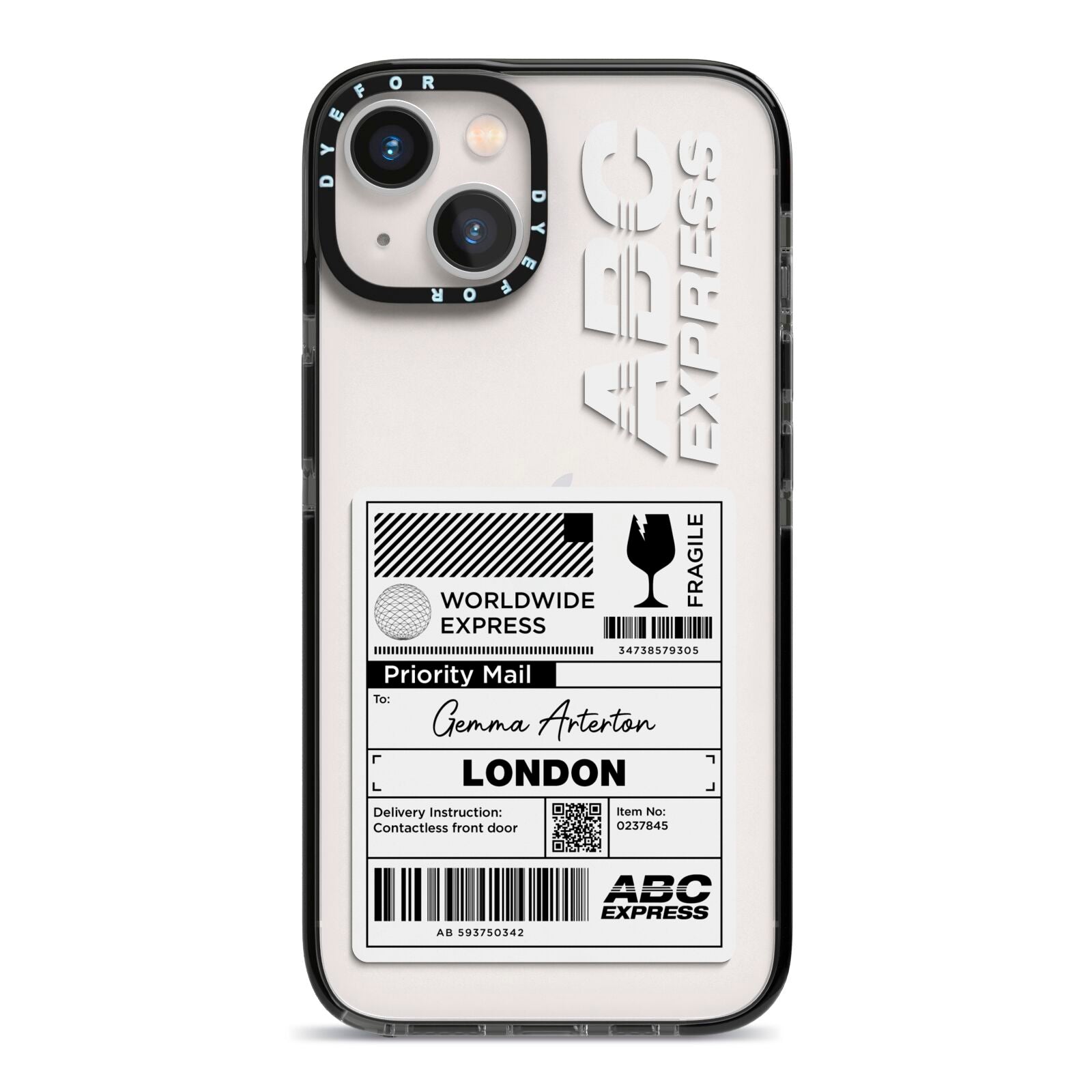 Monochrome Courier Label with Name iPhone 13 Black Impact Case on Silver phone