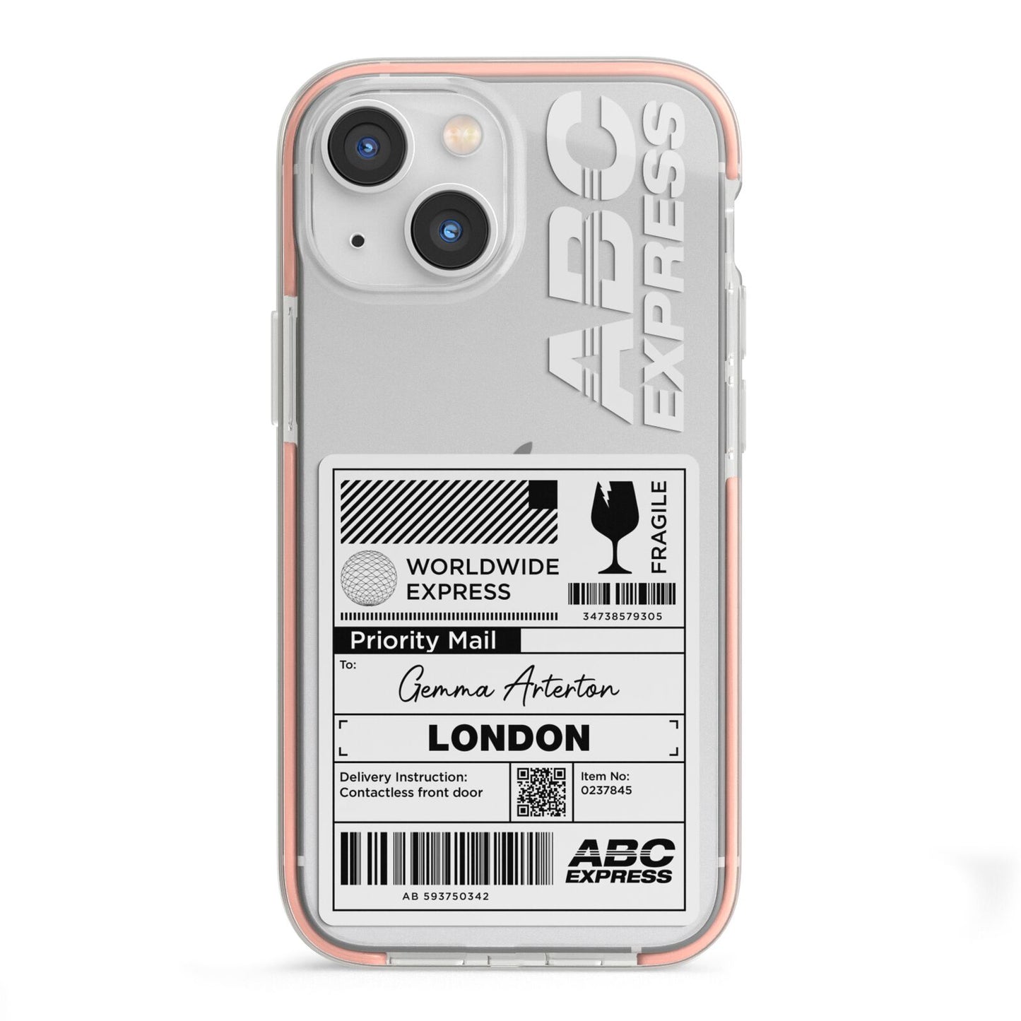 Monochrome Courier Label with Name iPhone 13 Mini TPU Impact Case with Pink Edges