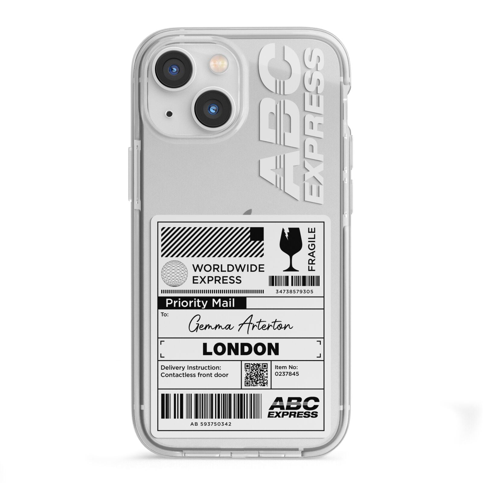 Monochrome Courier Label with Name iPhone 13 Mini TPU Impact Case with White Edges