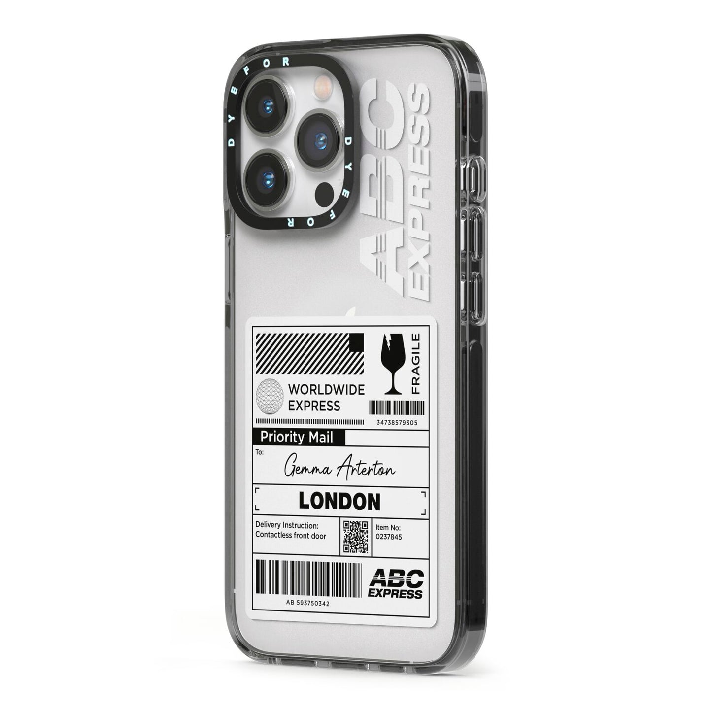 Monochrome Courier Label with Name iPhone 13 Pro Black Impact Case Side Angle on Silver phone