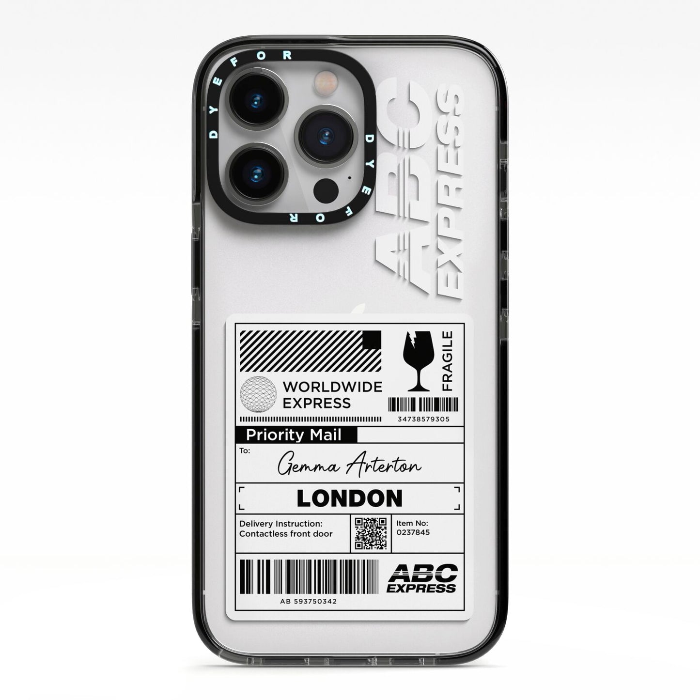 Monochrome Courier Label with Name iPhone 13 Pro Black Impact Case on Silver phone