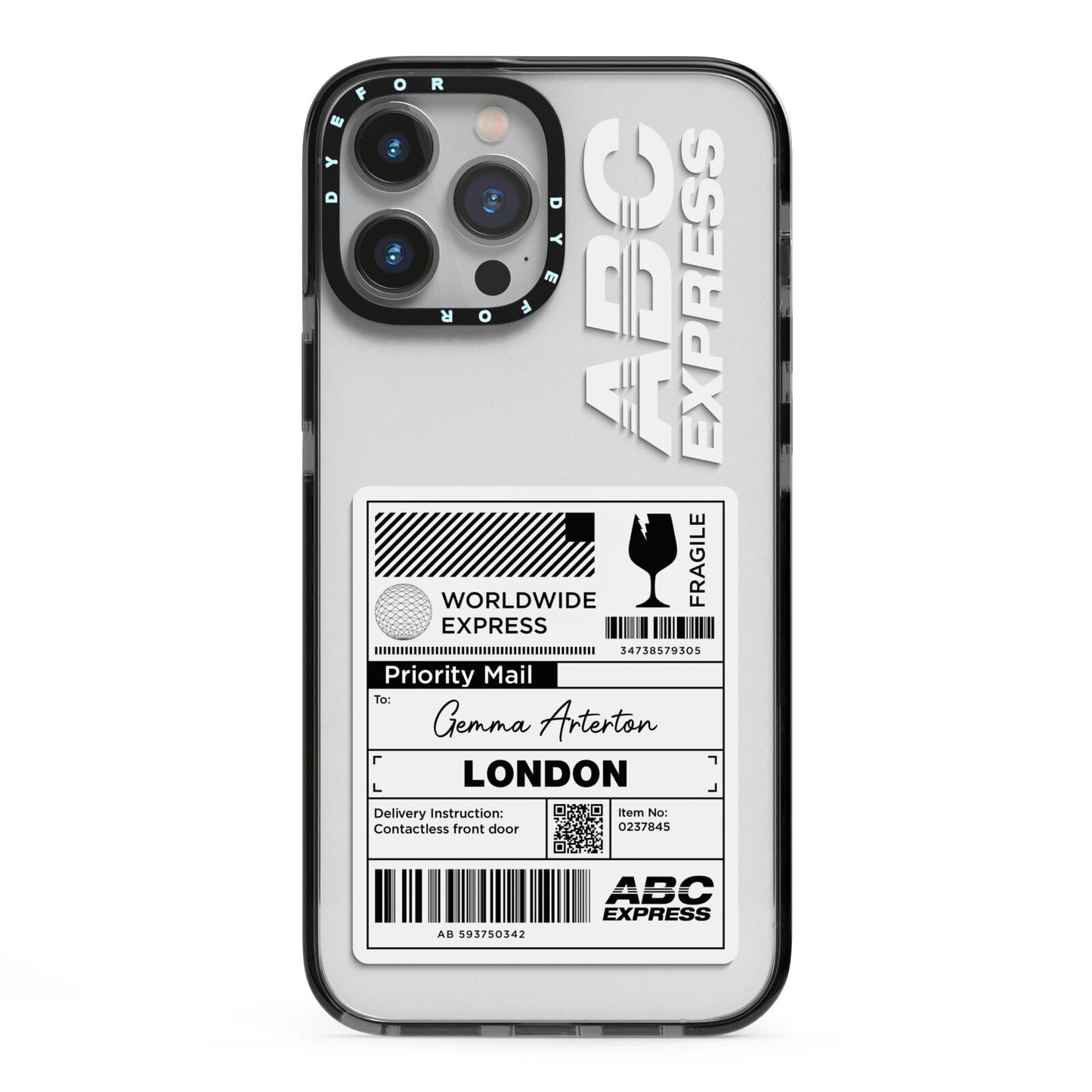 Monochrome Courier Label with Name iPhone 13 Pro Max Black Impact Case on Silver phone