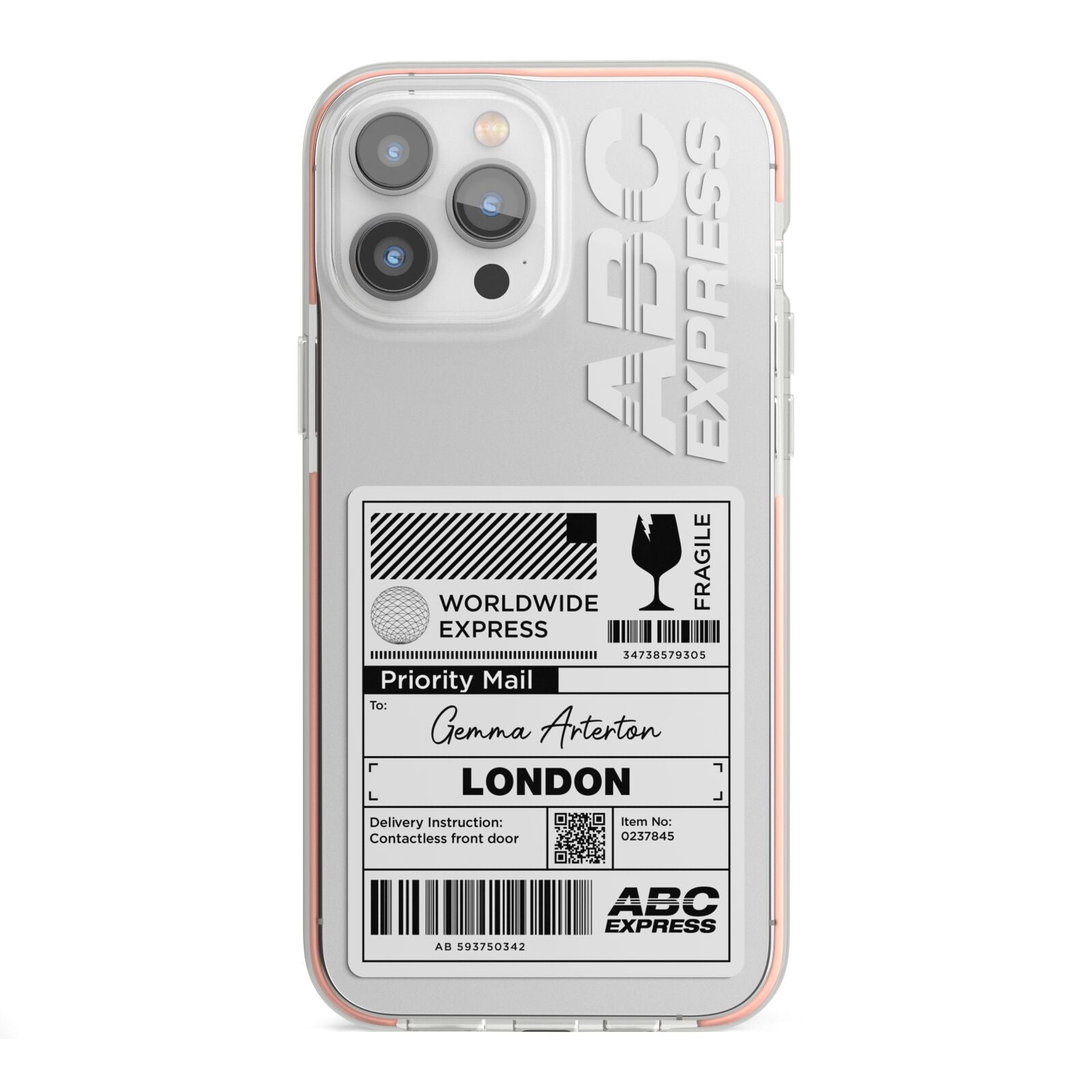 Monochrome Courier Label with Name iPhone 13 Pro Max TPU Impact Case with Pink Edges