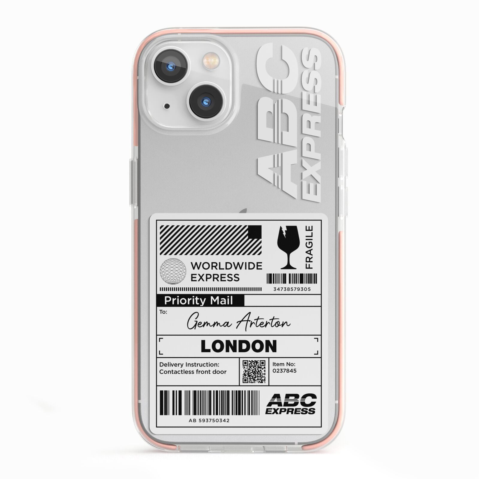 Monochrome Courier Label with Name iPhone 13 TPU Impact Case with Pink Edges